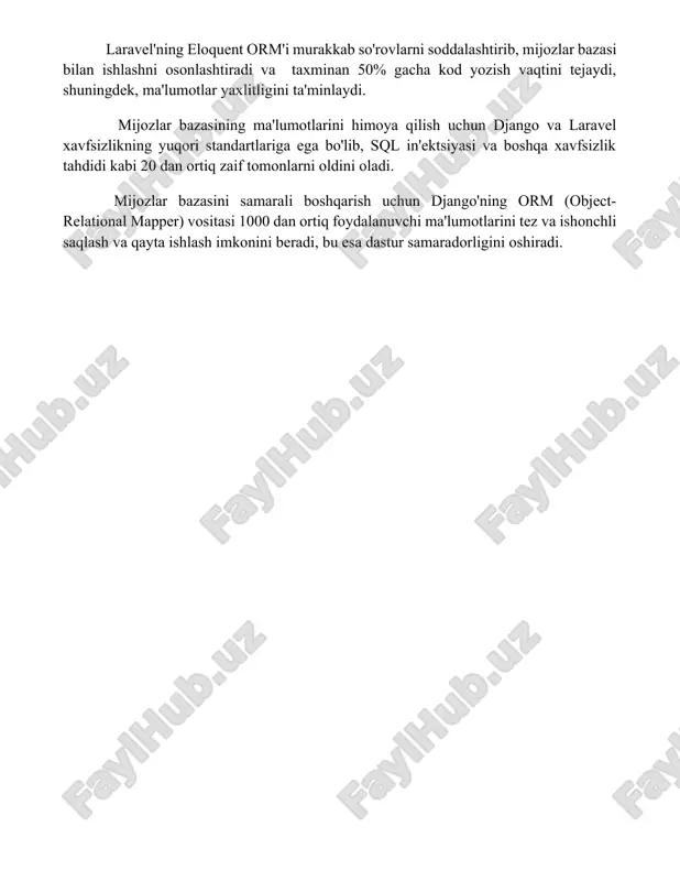 umotlarini himoya qilish uchun django va laravel xavfsizlikning yuqori standartlariga ega bo'lib, sql in'ektsiyasi va boshqa xavfsizlik tahdidi kabi 20 dan ortiq zaif tomonlarni oldini oladi. mijozlar bazasini samarali boshqarish uchun django'ning orm (object-relational mapper) vositasi 1000 dan ortiq foydalanuvchi ma'lumotlarini tez va ishonchli saqlash va qayta ishlash imkonini beradi, bu esa dastur samaradorligini oshiradi. 📌xulosa django va laravel, turli xususiyatlari bilan, tezkor va samarali veb-ilovalar yaratish imkonini beradi. ularning afzalliklari loyiha talablariga qarab tanlovni osonlashtiradi. har ikkalasi ham zamonaviy veb-dasturlashda kuchli vositalar hisoblanadi. 📚foydalanilgan adabiyotlar 1. django loyihalashtirishdagi yuqori samaradorligi va tezligi tufayli mashhur. uning takrorlanuvchi kod yozishni kamaytiradigan kuchli xususiyatlari bor. 2. laravelning soddaligi va o'rganishning osonligi yangi dasturchilar uchun juda jozibador. uning aniq hujjatlari va keng jamoasi bor. 3