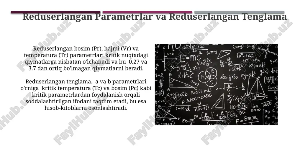van der vaals tenglamasi past bosimlarda ideal gaz qonuniga yaqinlashadi, yuqori bosimlarda esa kattaroq og'ishlar kuzatiladi, bu esa 0,1 mpa dan yuqori bosimlarda aniqroq tenglamalarni talab qiladi. e'tiboringiz uchun rahmat @taqdimot_robot image1.jpg image2.jpg image3.jpg image4.jpg image5.jpg image6.jpg image7.jpg image8.jpg image9.jpg image10.jpg image11.jpg image12.jpg image13.jpg