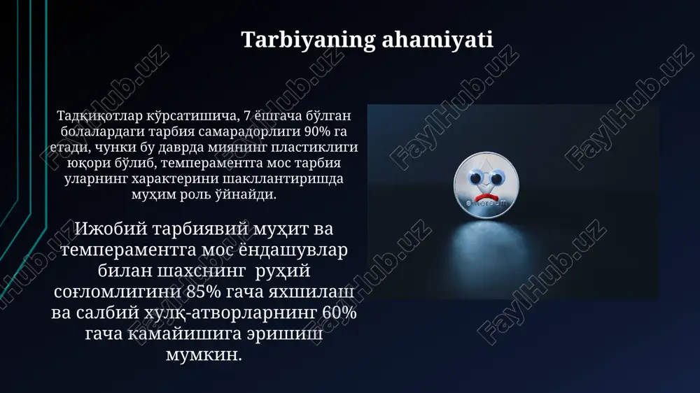mperamentning asosiy turlari melankoli tipologiyasiga ega shaxslar yuqori sezgirlik va hissiy o'zgarishlarga moyilligi bilan tavsiflanadi, ularning reaksiya tezligi past va aktivlik darajasi o'rtacha 20%dan kam bo'lishi mumkin. temperament irsiy omillarga bog'liq bo'lib, taxminan 40% genetik omillar bilan belgilanadi, qolgan 60% esa atrof-muhit ta'siri natijasida shakllanadi. xarakterning shakllanishiga temperamentning ta'siri xarakterning moslashuvchanligi, emotsional barqarorligi va ijtimoiy munosabatlar kabi xususiyatlari temperamentning biologik asoslari bilan bevosita bog'liq bo'lib, 20-30 yosh oralig'ida shakllanib yakunlanadi. temperament, xarakterning 4 asosiy turiga (sanguinik, flegmatik, xolerik, melanxolik) ta'sir qilib, ularning o'ziga xos xulq-atvor namoyon bo'lish uslubini belgilaydi, bu esa keyinchalik shaxsiyatning shakllanishiga ta'sir etadi. sangvinik temperament va xarakter taxminan 85% hollarda, sanguinik temperamentga ega shaxslar optimistik va yengil xarakterga ega boʻlib, stressga chidamlilik darajasi yuqori boʻlgan odamlardir, bu ularning hamkorlikdagi muvaffaqiyatlariga ijobiy ta’sir koʻrsatadi. sanguinik temperamentli shaxslarning 70% gacha yuqori darajadagi ijtimoiy moslashuvchanlikka ega boʻlishi va 30% atrofida oʻziga xos ekstrovert xarakter xususiyatlarini namoyon etishi kuzatiladi. muvaffaqiyatga erishishda …