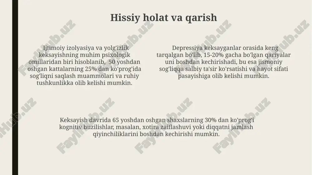 va yaqinlarining yo'qolishi bilan bog'liq bo'lishi mumkin. gerontologik psixologiyaning dolzarb masalalari demensiya va altsgeymer kasalligi kabi neyrodejenerativ kasalliklarning oldini olish va davolash bo'yicha samarali strategiyani ishlab chiqish gerontologik psixologiyaning muhim vazifalaridan hisoblanadi, bu kasalliklar 70 yoshdan oshgan aholi orasida 5-10% ni tashkil etadi. gerontologik psixologiyaning dolzarb masalalaridan biri keksayganlarning kognitiv funksiyalarining pasayishi, xususan, xotira va e’tiborning 60 yoshdan keyin 15-20% ga kamayishi bilan bog’liqdir. keksayganlarning ruhiy salomatligi, depressiya va tashvish buzilishlari kabi psixopatologik holatlarning oldini olish va ularni davolash hamda ijtimoiy moslashuvini ta’minlash gerontologik psixologiyaning dolzarb masalasidir, chunki 80 yoshdan oshganlarning 20% dan ortig'i bu muammolarga duch keladi. qarilik davrida psixologik yordam muvaffaqiyatli qarish uchun moslashuvchanlik, ijobiy munosabat va ijtimoiy qo'llab-quvvatlashning ahamiyati katta bo'lib, bu omillarni hisobga olgan psixologik interventsiyalar samaradorligini 40% ga oshirishi mumkin. uyqusizlik, kayfiyatning o'zgarishi va ijtimoiy izolyatsiya kabi psixologik muammolar qarilik davrida 30% dan ortiq odamlarda uchraydi va professional psixologik yordam talab qiladi. qarilik davrida kognitiv …