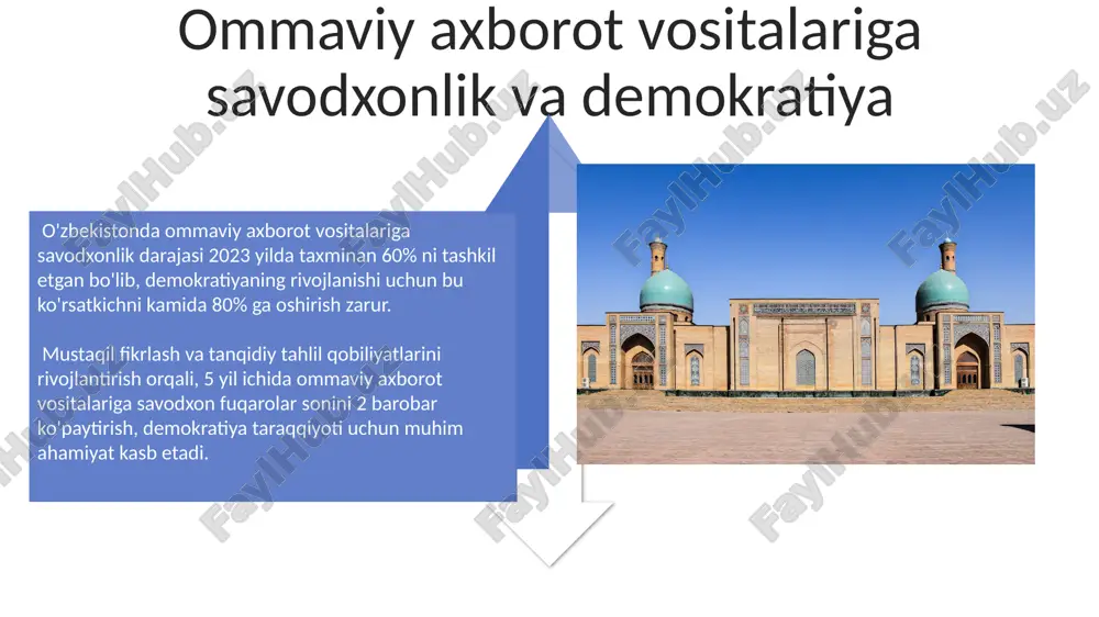 i oshirishga xizmat qiladi. muammolar va yechimlar internettdan foydalanuvchilarning 65% ga yaqini “fake news” va manipulyativ kontentlarni aniqlay olmaydi, bu esa ularning qaror qabul qilish qobiliyatiga salbiy ta’sir ko‘rsatadi. media savodxonligi dasturlarini joriy etish orqali 2025 yilga kelib aholining axborot madaniyati darajasini 40% ga oshirish maqsad qilingan, ammo bu uchun katta miqdorda resurslar va samarali strategiya talab etiladi. sanoatlashgan axborot muhitining xavf-xatarlari sanoatlashgan axborot muhitida 10 yoshdan 18 yoshgacha bo'lgan yoshlarning 70% dan ortig'i onlayn zo'ravonlik va kiberxavfsizlik tahdidlariga duch kelmoqda, bu esa ularning psixologik va ijtimoiy rivojlanishiga salbiy ta'sir ko'rsatadi. soxtalashtirilgan yangiliklar va manipulyatsiya qilingan ma'lumotlarning tarqalishi natijasida jamoatchilik fikrini boshqarish va ijtimoiy notinchlikni keltirib chiqarish xavfi 3 barobar oshgan. kritik fikrlash va manbalarni baholash manbalarni baholashda, ularning muallifi, nashr etilgan sanasi, maqsadli auditoriyasi kabi 4 ta asosiy omilni hisobga olish zarur. axborot madaniyati doirasida kamida 3 xil manbani solishtirish orqali noto‘g‘ri ma’lumotlarni aniqlash va ularga nisbatan immunitet hosil …