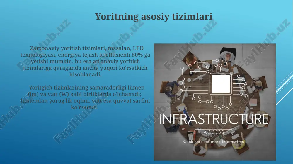 davomida malakali mutaxassislar guruhi tomonidan ta'minlanadi va bu xizmatlarga 1000 dan ortiq mijoz xizmat ko'rsatish chaqiruvlariga javob berish kiradi. yoritning ekologik jihatlari yoritning ekologik izlari, o'rtacha 1 kvt soat energiya ishlab chiqarish uchun 0,5 kg co2 emissiyasini hosil qiladi, bu esa global isishga hissa qo'shadi. quyosh yoritgichlarining ishlab chiqarish jarayoni metall va kimyoviy moddalarni talab qiladi, bu esa chiqindi suv va havoni ifloslantiruvchi moddalarni hosil qiladi. zamonaviy yorit tizimlari zamonaviy yoritgichlarning rang harorati k (kelvin) birliklarida o'lchanadi va 2700k dan 6500k gacha bo'lgan diapazonda turli xil muhitlarga moslashuvchan yoritishni ta'minlaydi. zamonaviy yorit tizimlari led texnologiyalaridan foydalanib, energiya tejamkorligini 80% gacha oshiradi va 50 000 soatgacha xizmat muddatiga ega. e'tiboringiz uchun rahmat @taqdimot_robot image1.jpg image2.jpg image3.jpg image4.jpg image5.jpg image6.jpg image7.jpg image8.jpg image9.jpg image10.jpg image11.jpg image12.jpg image13.jpg image14.jpg image15.jpg image16.jpg image17.jpg