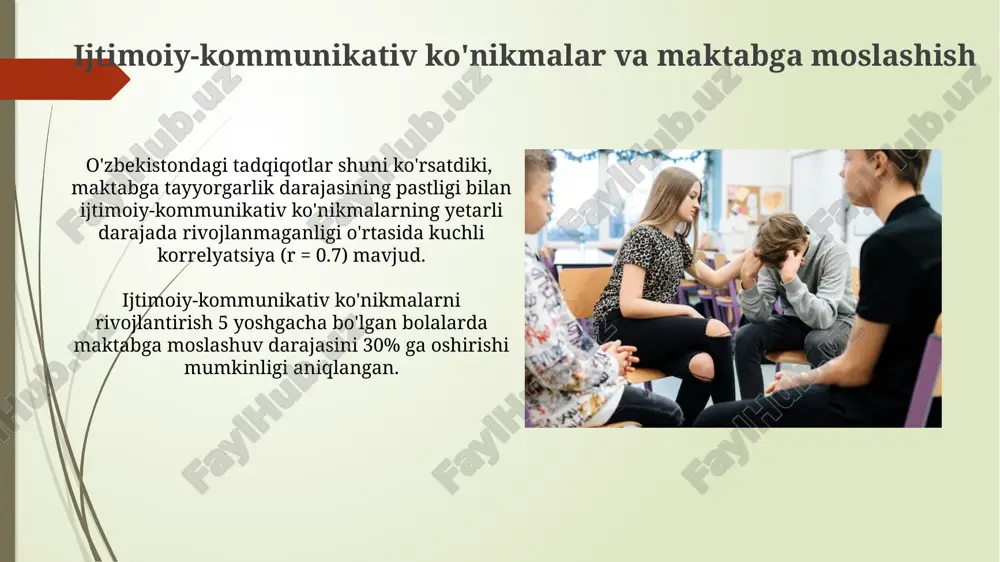 til rivojlanishining 5 yoshgacha bo'lgan davrida so'z boyligining 500 dan ortiq bo'lishi maktabga muvaffaqiyatli moslashish bilan ijobiy korrelyatsiyaga ega ekanligi ko'rsatilgan. maktabgacha ta'lim muassasalari va maktabga tayyorgarlik maktabgacha ta'lim muassasalari bolalarning 5-7 yosh oraligʻida maktabga tayyorgarlik darajasini sezilarli darajada oshirishi, oʻrtacha 20% ga akademik koʻrsatkichlarni yaxshilashini koʻrsatuvchi tadqiqotlar mavjud. maktabga tayyorgarlikning muhim koʻrsatkichlari sifatida til rivojlanishi (45%), kognitiv qobiliyatlar (30%) va ijtimoiy-emotsional rivojlanish (25%) kabi omillar aniqlangan. maktabga tayyorgarlikni baholash usullari ijtimoiy-emotsional tayyorgarlikni baholash uchun, bolaning o‘z-o‘zini boshqarish ko‘rsatkichlarini (masalan, diqqatni jamlash, sabr-toqat) va tengdoshlari bilan munosabatlarini o‘rganishga qaratilgan kuzatuv usullari va psixologik so‘rovnomalar ishlatiladi. kognitiv rivojlanishni o‘lchashda, masalan, ravenning progressiv matritsalari kabi nomerlangan vazifalar yoki vizual-fazoviy muammolarni hal qilish qobiliyatini tekshiruvchi testlardan foydalaniladi. emotsional-irodali tayyorgarlikning ahamiyati emotsional-irodali tayyorgarlik maktabga moslashuv jarayonida muhim rol o'ynaydi, 60% gacha bo'lgan muvaffaqiyatsizliklar aynan etarli darajada rivojlanmagan emotsional-irodali yetuklik bilan bog'liq. tadqiqotlar shuni ko'rsatadiki, emotsional-irodali barqaror bolalar 85% hollarda yangi muhitga osonroq moslashadi va …