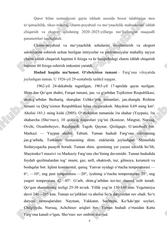 uman markaziy kutubxonasi va uning 34 ta shaxobchasi faoliyat koʻrsatadi. tuman markaziy kasalxonasi, tugʻruqxona, poliklinika, qishloq vrachlik punktlari, tez tibbiy yordam boʻlimi, dorixonalar va boshqalar tibbiy muassasalarda 326 vrach, 1549 oʻrta tibbiy xodim ishlaydi. „yaypan ovozi“ gazetasi chiqariladi (adadi 5 ming). shuning dek o‘zbekiston tumani ma’muriy markazi bo‘lgan yaypan shahrida "bulut textile" mas`uliyati cheklangan jamiyati ham mavjud bo‘lib ro‘yhatan o‘tgan sanasi 09.03.2010 yil faolik holati hozirda mavjud va ishlab kelmoqda to‘qima haqida ma‘lumot satin. satin guruhiga satin o‘rilishda to‘qilgan satinlar va atlas o‘rilishda to‘qilgan lastiklar kiradi. lastik satinga qaraganda kamroq ishlatiladi. qalinligiga qarab, satin va lastiklar qayta tarash usulida yigirilgan 14,3-11,7 teksli kalava ipdan to‘qilgan va karda usulida yigirilgan 18,5-15,3 teksli kalava ipdan to‘qilgan xillarga bo‘linadi. satin va lastikning o‘ngi silliq, yaltiroq. satinda arqoq ipi o‘ngiga chiqib turadi, shuning uchun arqoq bo‘yicha nisbiy zichligi (70-75 foiz) tanda bo‘yicha nisbiy zichligidan (40-45 foiz) ancha katta. lastiklarning tanda bo‘yicha nisbiy zichligi arqoq …