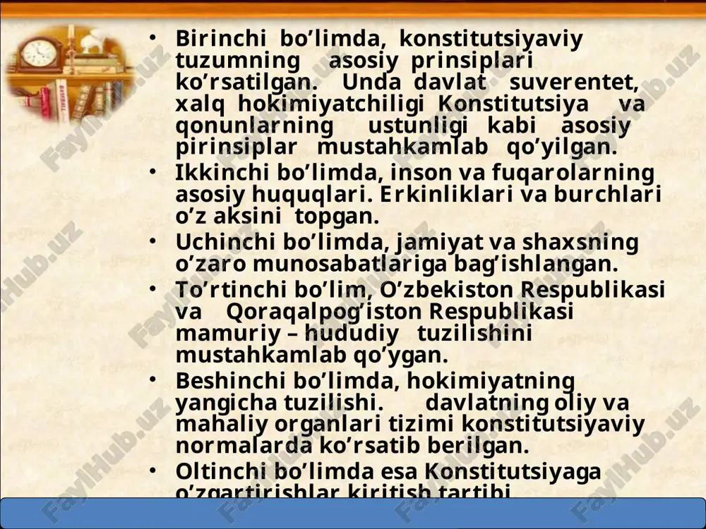 tsiyaga o’zgartirish kiritish tartibi referendum yo’li bilan amalga oshirilishi lozim. shuni takidlash kerakki, ispaniya konstitutsiyasi bo’yicha bosh kortesning ikkala palatasida ham deputatlarning uchdan bir qismidan ko’prog’ ovoz bersa kontitutsiyaga o’zgartirishlar kiritish mumkin. ba’zi hollarda esa konstitutsiyaga o’zgartirish kiritishni qonun tashabbusiga ega bo’lgan barcha subyektkarning o’zlarigina taklif eta olmaydilar . masalan; gretsiyada prezedent va parlamentning 150 deputati roziligi bilan, avstriyada boshqa subyektlar bilan birga xalq tashabbusi, yani 100 ming imzo bilan , italiyada 50 ming imzo bilan o’zgartirishlar taklif etilishi mumkin. meksika konstitutsiyasi umuman o’zgartirilmaydigan hujjat sifatida qaraladi. o’zbekiston respublikasi konstitutsiyasini o’zgartirish o’zbekiston respublikasi oliy majlisi jami deputatlarning kamida uchdan ikki qismidan iborat ko’pchiligi tomondan qabul qilingan qonun bilan amalga oshirilgan. hindistonning 1949 yil 26 noyabrda ta’sis majlisi tomonidan qabul qilinib , 1950 yil 26 noyabrdaa kuchga kirgan konstitutsiyasi 42 marotoba , uchdan ikki qismi o’zgartirilgan. 2014 yil 10 aprel kuni o’zbekiston respublikasi oliy majlis senatining o’n to’rtinchi yalpi majlisida o’zbekiston …