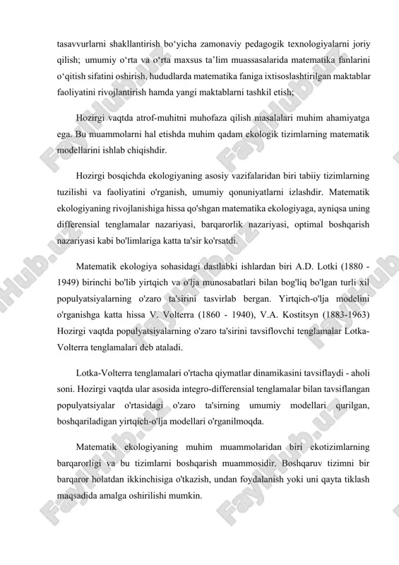 x asrdagi modellashtirish usullari hozirgi zamon fanlarining hamma sohalariga muvaffaqiyat keltirdi. model tuzish jarayoni modellashtirish deb ataladi. modellashtirish deganda biror ob‟ektni ularning modellari yordamida tadqiq qilish mavjud predmet va hodisalarning modellarini yasash va o„rganish tushuniladi. modellashtirish uslubidan hozirgi zamon fanlari keng foydalanmoqda. u ilmiy-tadqiqot jarayonini yengillashtiradi, ba‟zi hollarda esa murakkab ob’ektlarni o‘rganishning yagona vositasiga aylanadi. mavhum ob’ekt, olisda joylashgan ob’ektlar, juda kichik hajmdagi ob’ektlarni o‘rganishda modellashtirishning ahamiyati beqiyosdir. modellashtirish uslubidan fizika, astronomiya, biologiya,iqtisodiyot fanlarida ob‟ektning faqat ma‟lum xususiyat va munosabatlarini aniqlashda ham foydalaniladi. 1.1 model va modellashtirish tushunchalari "model" so’zi lotincha bo’lib (modulus), o’lchov, namuna, norma kabi ma’nolarni bildiradi. model deganda biror ob’ekt yoki ob’ektlar tizimining obrazi yoki namunasi tushuniladi. modellarni turli xil usullar yordamida hosil qilinadi. masalan, biror ob’ektning shaklini - predmetli model (maket) shaklida, informatsion aloqalar -informatsion model, matematik formulalar yordamida aniqlangan funksional bog’lanishlar-matematik model shaklida ifodalanadi. yerning modeli deb globusni, osmon va undagi yulduzlar modeli deb planetariy …