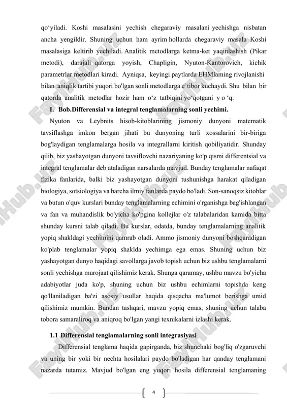 ba'zi asosiy usullar haqida qisqacha ma'lumot berishga umid qilishimiz mumkin. bundan tashqari, mavzu yopiq emas, shuning uchun talaba tobora samaraliroq va aniqroq bo'lgan yangi texnikalarni izlashi kerak. 1.1 differensial tenglamalarning sonli integrasiyasi differensial tenglama haqida gapirganda, biz shunchaki bog'liq o'zgaruvchi va uning bir yoki bir nechta hosilalari paydo bo'ladigan har qanday tenglamani nazarda tutamiz. mavjud bo'lgan eng yuqori hosila differensial tenglamaning tartibini belgilaydi, qaram o'zgaruvchining eng yuqori kuchi yoki tenglamada paydo bo'lgan hosilasi uning darajasini belgilaydi. differensial tenglamalardan foydalanadigan nazariyalar odatda bitta tenglamalar bilan cheklanib qolmaydi, balki ular tasvirlangan hodisalarni ifodalovchi bir vaqtda tenglamalar to'plamini o'z ichiga olishi mumkin. shunday qilib, biz bunday tenglamalar to'plamining echimlari haqida nimadir aytishimiz kerak. darhaqiqat, yuqori tartibli differensial tenglamani birinchi tartibli differensial tenglamalar tizimiga o'zgartirish bunday tenglamalar yechimini topishda standart yondashuv hisoblanadi. asosan, yuqori tartibli atamalar yangi o'zgaruvchilar bilan almashtiriladi va dastlabki tenglama o'rnini bosuvchi birinchi tartibli bir vaqtda differentsial tenglamalar to'plamini yaratish uchun …