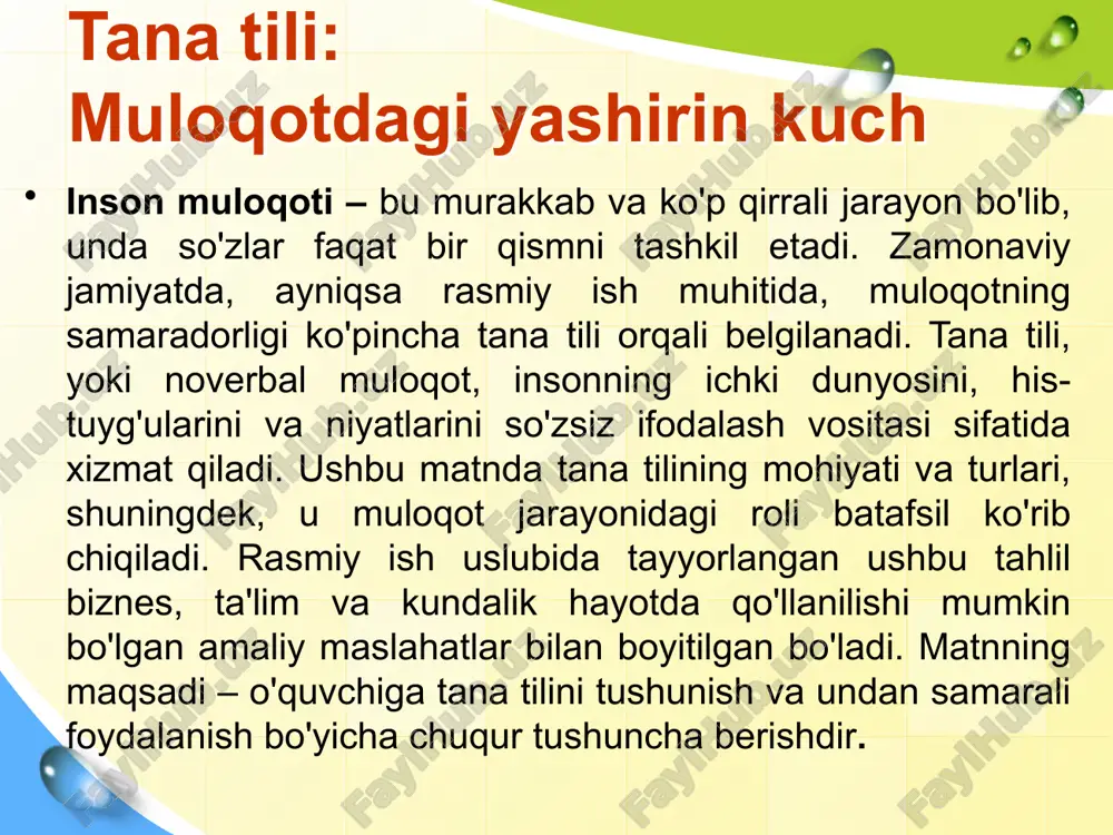 tning ko‘zg‘usi.tana tili — inson muloqotining ajralmas qismi. u so‘zlardan ko‘ra tezroq va ishonchliroq axborot yetkazadi. foydalanilgan adabiyotlar allan pease. “body language”. – london: sheldon press, 2016. mehrabian a. “nonverbal communication”. – new york: routledge, 2017. birdwhistell r. “kinesics and context: essays on body motion communication”. – philadelphia: university of pennsylvania press, 1970. karimova z. “muloqot psixologiyasi”. – toshkent: o‘zbekiston milliy universiteti nashriyoti, 2020. ismoilov b. “psixologiya asoslari”. – toshkent: o‘qituvchi, 2019. niyozov u. “shaxs psixologiyasi”. – toshkent: fan va texnologiya, 2021. o‘zbekiston respublikasi innovatsion rivojlanish vazirligi. psixologik tadqiqotlar to‘plami. – toshkent, 2022. image1.png image3.png image4.png image5.png image6.png image2.png /docprops/thumbnail.jpeg