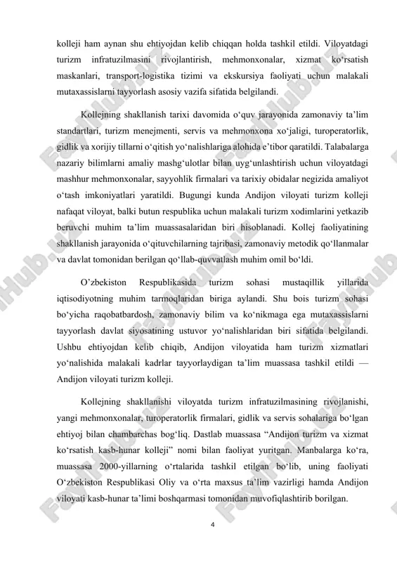 idlik va servis sohalariga bo‘lgan ehtiyoj bilan chambarchas bog‘liq. dastlab muassasa “andijon turizm va xizmat ko‘rsatish kasb-hunar kolleji” nomi bilan faoliyat yuritgan. manbalarga ko‘ra, muassasa 2000-yillarning o‘rtalarida tashkil etilgan bo‘lib, uning faoliyati o‘zbekiston respublikasi oliy va o‘rta maxsus ta’lim vazirligi hamda andijon viloyati kasb-hunar ta’limi boshqarmasi tomonidan muvofiqlashtirib borilgan. ziyonet (institutions.ziyonet.uz) portali ma’lumotlariga ko‘ra, kollej andijon shahri, bo‘ston dahasi, hamraqulov ko‘chasi, 20-uy manzilida joylashgan bo‘lib, turizm va xizmat ko‘rsatish sohasida o‘rta maxsus ma’lumotli mutaxassislar tayyorlashga ixtisoslashgan. shu bilan birga, golden pages va akadem.uz saytlarida ham muassasaning faoliyati, aloqa ma’lumotlari va o‘qitilayotgan yo‘nalishlar haqida umumiy ma’lumotlar keltirilgan. manbalarda aniq tashkil etilgan sana, rasmiy buyruq raqami yoki tuzilish to‘g‘risidagi qarorlar ochiq e’lon qilinmagan. buning sababi — ko‘plab mahalliy ta’lim muassasalari haqidagi arxiv hujjatlar onlayn tizimga kiritilmagan yoki faqat ichki hujjat shaklida saqlanadi. shuningdek, tashkil topish haqidagi buyruqlar va rasmiy sanalar andijon viloyati kasb-hunar ta’limi boshqarmasi hamda oliy va o‘rta maxsus ta’lim vazirligi …