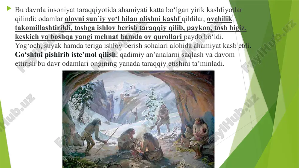 ini yuqorida ta’kidlagan edik. 20 yillik mehnat davomida bu yerda muste davriga oid 600 m2joy ochilgan. yodgorlikning muste davriga oid qatlamlaridan ko‘plab qirg‘ichlar, paykonlar, retushli plastinalar, tosh bigizlar topilgan. toshkent viloyatidagi xo‘jakent i‑ii yodgorliklari ham shu davrga taalluqli bo‘lib, toshkentdan 75 km shimoli-sharqda ugom va pskom daryolari qo‘shilishida joylashgan. xo‘jakent i g‘ori 1958-1959 yillarda a.p.okladnikov tomonidan va unga birlashgan xo‘jakent ii g‘ori 1959 yili q.k.nasriddinov tomonidan o‘rganilgan. ikkala yodgorlik ham bir qatlamlidir. xo‘jakent i yodgorligidan 40 sm atrofida to‘planib qolgan ko‘mir qoldig‘i topilgan, ammo u juda yomon saqlangan. oz bo‘lsa-da, plastinalar bor. lekin madaniy qatlam o‘rta asrlarda buzib yuborilgan. tosh kurollar asosan ohaktosh va kremniy, chaqmoqtoshdan tayyorlangan. qurollari paykonlar, tosh pichoqlar va retushlangan plastinalardan iborat. muste davri odamlarining xo‘jalik faoliyati. o‘zbekiston muste davri aholisi xo‘jaligi va hayot tarzi haqidagi ma’lumotlar asosan yodgorliklardan topilgan hayvon suyak qoldiqlari, ekologik sharoitlar va tabiiy zonalarga asoslanib olinadi. teshiktosh g‘oridan topilgan suyak qoldiqlarining ko‘p qismi …