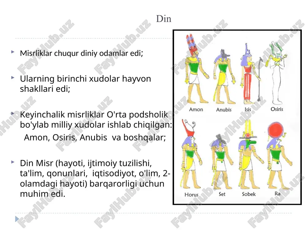1555—712yillar vi. so’nggi podsholik davri 25 va 26-sulolalar mil. av712—525 yillar vii. eronlilar hukmronligi davri 27- 30-sulolalar mil. av525—332 yillar viii. yunon-rim davri mil. av 332 – milodiy 638 yillar bo shq a r uv i davlat rahbari- firavn firavnlar quyosh xudosining o’g’li, ular o’z otalaridan farmonlar olib ish qiladi degan tassavvurlar bo’lgani uchun firavnlarga qarshi chiqishlar juda kam bo’lgan; firavnlarning bosh kiyimlari amenhoteb iii. o’rta podsholik. 20-sulola vakili xafra piramidasi arxitektori kleopatra vii. ptolomeylarning so’nggi hukmdori misrning eng shavqatsiz firavnlaridan biri, tutmos iii tutanhamonning oltin niqobi hunarmandlar mehnati “marhumlar kitobi”dan, misrliklarning kundalik hayotidan lavha. yangi podsholik davridagi qo’shindagi o’zgarishlardan biri ta’lim ijtimoiy sinfidan qat’iy nazar, barcha bolalar ta’lim olgan, misrliklar yozuvini o’rganish juda qiyin bo’lganligi uchun ko’pchilik talimni oxirigacha davom ettirolmagan; kasblarni ota- onasidan o’rganishgan iyerogliflar iyerogliflar-toshga yozilgan yozuv yozuvlar xudolar kalomi yoki muqaddas deb atalgan * yangi podsholik davriga kelib, iyerogliflar soni 700 ta bo’lgan rozett bitiktoshi rozett …