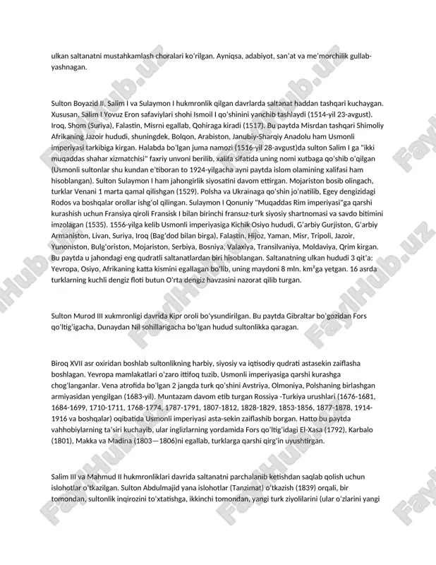sr, tripoli, jazoir, yunoniston, bulgʻoriston, mojariston, serbiya, bosniya, valaxiya, transilvaniya, moldaviya, qrim kirgan. bu paytda u jahondagi eng qudratli saltanatlardan biri hisoblangan. saltanatning ulkan hududi 3 qitʼa: yevropa, osiyo, afrikaning katta kismini egallagan boʻlib, uning maydoni 8 mln. km²ga yetgan. 16 asrda turklarning kuchli dengiz floti butun oʻrta dengiz havzasini nazorat qilib turgan. sulton murod iii xukmronligi davrida kipr oroli boʻysundirilgan. bu paytda gibraltar boʻgozidan fors qoʻltigʻigacha, dunaydan nil sohillarigacha boʻlgan hudud sultonlikka qaragan. biroq xvii asr oxiridan boshlab sultonlikning harbiy, siyosiy va iqtisodiy qudrati astasekin zaiflasha boshlagan. yevropa mamlakatlari oʻzaro ittifoq tuzib, usmonli imperiyasiga qarshi kurashga chogʻlanganlar. vena atrofida boʻlgan 2 jangda turk qoʻshini avstriya, olmoniya, polshaning birlashgan armiyasidan yengilgan (1683-yil). muntazam davom etib turgan rossiya -turkiya urushlari (1676-1681, 1684-1699, 1710-1711, 1768-1774, 1787-1791, 1807-1812, 1828-1829, 1853-1856, 1877-1878, 1914-1916 va boshqalar) oqibatida usmonli imperiyasi asta-sekin zaiflashib borgan. hatto bu paytda vahhobiylarning taʼsiri kuchayib, ular inglizlarning yordamida fors qoʻltigʻidagi el-xasa (1792), …