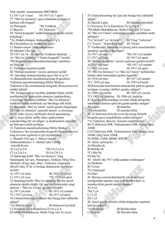 ilgan shaxsni belgilang? *a) georgiy lvov b) aleksandr kerenskiy c) lenin d) stalin 18. rossiyadagi muvaqqat hukumatga 1917-yil iyul-oktabr oylarida boshchilik qilgan shaxsni belgilang? a) georgiy lvov *b) aleksandr kerenskiy c) lenin d) stalin 19. toshkentda ishchi deputatlari soveti (toshkent soveti) qachon tuzilgan edi? a) 1917-yil 14-mart b) 1917-yil 29-fevral *c) 1917-yil 2-mart d) 1917-yil 7-aprel 20. muvaqqat hukumat o’rnatilgan vaqtda turkiston o’ikasi general-gubernatori va turkiston harbiy okrugi qo’mondoni kim edi? a) rozenbax b) vyatkin c) vselovskiy *d) kuropatkin 21. muvaqqat hukumat tomonidan turkiston o’lkasini boshqarish uchun 9 kishidan iborat turkiston komiteti qachon tuzildi? a) 1917-yil 1-mart b) 1917-yil 29-fevral c) 1917-yil 2-mart *d) 1917-yil 7-aprel 22. muvaqqat hukumat tomonidan turkiston o’lkasini boshqarish uchun 9 kishidan iborat turkiston komiteti qaysi shaharda faoliyat olib borgan? a) petrograd *b) toshkent c) buxoro d) turkiston 23. turkiston komitetiga raislik qilganlardan nikolay shchepkin qaysi partiya vakili edi? a) bolsheviklar v) eserlar *s) kadetlar d) …