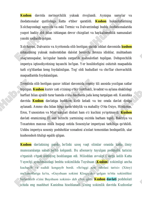 da va ko'xna termizda 30-yillarda ochilib, 60- yillarda davom ettirildi. keyinchalik ko'xna termiz yaqinidagi qoratepa buddiylik ibodatxonasi, fayztepa, xolchoyi va darvarzin ko'xna shaharchalar ochilib nixoyat darajada yuksak bo'lgan kushon madaniyati butun dunyoga mashhur bo'ldi. ayritosh ko'hna shahrining topilgan o'ylarning kesh tog'iga ishlangan tosh tasvirlar (sharshara) asrimiznig 30-40 yillaridayoq ma'lum edi. bu peshtoqlarda gullarga burkangan, musiqa asboblari chalib turgan qizlar va do'mbira chalib turgan bolalarning tasviri tushurilgan. surxondaryo viloyatining denov shahri paxta dalalarining birida qchonlardir yirik shahar bo'lgan xoxchayon yodgorligining qoldiqlari saqlanib qolgan. shaharlarning paydo bo'lishi mil. avv. i ming yillikning o'rtalariga to'g'ri keladi. milloddan avvalgi 250yilda vujudga kelgan yunon-baqtiriya podsholigiga o'rta osiyoning katta yerlari qatori surxon vohasi ham qaragan. bu podsholik davrida surxandaryoda ishtimoiy -iqtisodiy munosabatlar rivojlanib ,sinfiy tabaqalanish ham kuchaydi .shaharlar ravnaq topdi. hunarmandchilik va tashqi savdo yuksaldi .yunon ,hind va turon xalqlari madaniyati omuhtalashib, o'ziga xos yuksak madaniyat vujudga keldi. shu davrga oid ko'hna binolarning harobalari termiz atroflaridan …