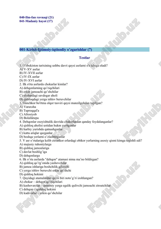 osiyoda qachondan boshlab uzil-kesil hukmronlik o’rnatganlar? a) iii asrdan b) iv asr o’rtalaridan c) iv asrning 70- yillaridan d) v asrning 20- yillaridan 19. quyidagi davlatlardan qaysi biri 120 yil hukmronlik qilgan? a) eftaliylar b) kidariylar c) afrig’iylar d) xioniylar 20. kidariylar qachondan boshlab o’rta osiyoga kirib bostirib kirdilar? a) iv asr o’rtalaridan b) iii asrdan c) iv asrning 70- yillaridan d) v asrning 20- yillaridan 21. toxarlar o’rta osiyoga qaysi hudud orqali kirib keldilar? a) sharqiy turkiston va yettisuvdan b) badaxshondan c) eron va kaspiyortidan d) sirdaryo va orol bo’ylaridan 22. toxarlar kimlarning avlodlari edilar? a) xioniylar b) dulu qabilasi c) xunnlar d) kushonlar 23. kidariylar davlatining poytaxtini aniqlang. a) marv b) tolikon c) poykand d) balx 24. v asrning 30-50 yillarida bir-biri bilan ayovsiz urush olib borgan davlatlarni aniqlang. a) sosoniylar va eftaliylar b) guptalar va kidariylar c) kidariylar va sosoniylar d) xioniylar va sosoniylar 25. 456 yilda…. …