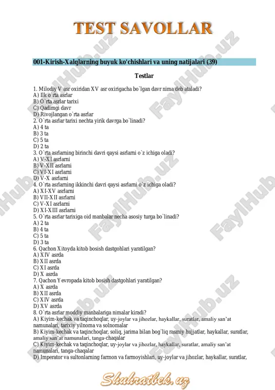 sezar f) eyngard g) tatsit h) arrian c) germanlar d) varvarlar e) etrusklar 20. «germaniya» asari kimning qalamiga mansub? a) yuliy sezar b) eyngard c) arrian d) tatsit 21. germanlarda qachondan yerlarni almashtirib ekish yo`lga qo`yilgan? a) vii asrdan b) vi asrdan c) v asrdan d) iv asrdan 22. germanlarda ii-iv asrlarda hunarmandchilikning qaysi sohalari taraqqiy etgan? a) temirchilik, yog`ochsozlik, zargarlik, duradgorlik b) temirchilik, miskarlik, zargarlik, kemasozlik c) temirchilik, yog`ochsozlik, zargarlik, teri-ko`nchilik d) to`qimachilik, yog`ochsozlik, zargarlik, teri-ko`nchilik 23. germanlarda ichki savdoda eng muhim ashyo nima hisoblangan? a) zeb-ziynat buyumlari b) temir buyumlar c) charm mahsulotlari d) movut 24. german qabilalari qo`shnilari rimliklarga nimalar etkazib bergan? a) nafis gazlamalar, sopol idishlar, teri, qahrabo b) yog`och, teri, zeb-ziynat buyumlari, vino c) nafis gazlamalar, sopol idishlar, zeb-ziynat buyumlari, vino d) qullar, chorva mollari, teri, qahrabo 25. german qabilalari rimliklardan nimalar olishgan? a) nafis gazlamalar, sopol idishlar, zeb-ziynat buyumlari, vino b) yog`och, teri, zeb-ziynat …