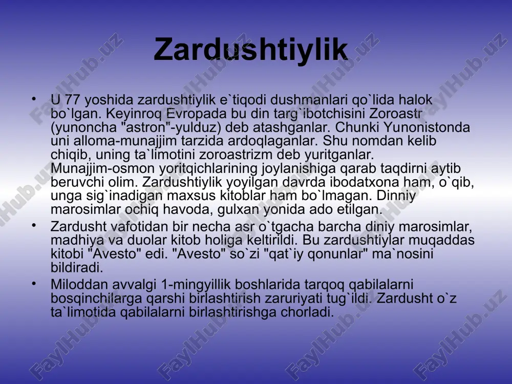 idagi qarashlari mintaqamizga islom dini kirib kelgunga qadar asosiy g’oyalar edi. shuningdek, turkiy xalqlar o’rtasidagi ko’k tangrisiga (osmon va quyoshga) sig’inish (shamanizm) va buddizm (buddaviylik) ham diniy e’tiqod sifatida zardushtiylik bilan yonma-yon yashab keldi.