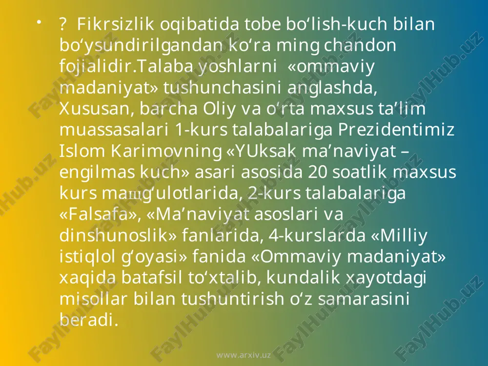 ijro etadigan qo‘shiq matnlari esa, avvalo, she'riyatning oddiy talablariga javob bermaydi yoki ular ko‘proq ko‘chada mavjud behayo, jargon iboralarga - qadriyatlarni, insoniy ezguliklarni kinoya, mazax qiladigan so‘zlarga asoslangan. xullas, erkinlik, demokratiya «namunalari» deb tavsiya etilayotgan «pop-muzika» matnlari bilan haqiqiy she'riyat hamda asl xalqchil did, sog‘lom ruhiyat, ma'naviyat o‘rtasida yer bilan osmoncha farq bor. www.arxiv.uz www.arxiv.uz 1964 yilda aqshda t.sazern va m.xoffenberg degan ikki muallif hamkorlikda yozishgan «kendi» («asal qiz») nomli romanini nashrdan chiqarishdi. keyinchalik bu kitob qayta va qayta, katta miqdorlarda amerikalik kitobxonlarga taqdim etildi. ushbu roman asosida yaratilgan kinofilm kinotomosha bozorida keng tarqaldi. «kendi» qahramoni, «asal qiz» deb ta'riflangan juvon duch kelgan odam bilan to‘shakda aysh-ishrat qilishdan charchamaydi www.arxiv.uz www.arxiv.uz . uning ishqibozlari - turli diniy va siyosiy qarashli shaxs lardir. «kendi» romani amerika adabiyotida shakllangan va keng tarqalgan romantik tabiatli, shirin va go‘zal o‘y-xayollarga beriluvchan qizlar timsolini keskin hajv qiladi, ularning ustidan kuladi. badiiy mahorat talablaridan ancha pastda …