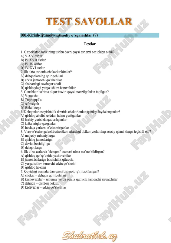 a qachondan boshlab uzil-kesil hukmronlik o‟rnatganlar? a) iii asrdan b) iv asr o‟rtalaridan c) iv asrning 70- yillaridan d) v asrning 20- yillaridan 19. quyidagi davlatlardan qaysi biri 120 yil hukmronlik qilgan? a) eftaliylar b) kidariylar c) afrig‟iylar d) xioniylar 20. kidariylar qachondan boshlab o‟rta osiyoga kirib bostirib kirdilar? a) iv asr o‟rtalaridan b) iii asrdan c) iv asrning 70- yillaridan d) v asrning 20- yillaridan 21. toxarlar o‟rta osiyoga qaysi hudud orqali kirib keldilar? a) sharqiy turkiston va yettisuvdan b) badaxshondan c) eron va kaspiyortidan d) sirdaryo va orol bo‟ylaridan 22. toxarlar kimlarning avlodlari edilar? a) xioniylar b) dulu qabilasi c) xunnlar d) kushonlar 23. kidariylar davlatining poytaxtini aniqlang. a) marv b) tolikon c) poykand d) balx 24. v asrning 30-50 yillarida bir-biri bilan ayovsiz urush olib borgan davlatlarni aniqlang. a) sosoniylar va eftaliylar b) guptalar va kidariylar c) kidariylar va sosoniylar d) xioniylar va sosoniylar 25. 456 yilda…. …