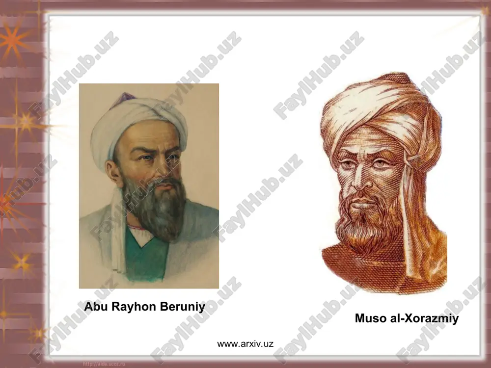 kelinadi. u g'arb olimlari orasida «alfraganus» nomi bilan mashhur. www.arxiv.uz www.arxiv.uz abu ali ibn sino ahmad al-farg’oniy www.arxiv.uz www.arxiv.uz mustaqil o'zbekiston zaminida bu alloma nomini e'zozlab, 1998 yilda bu zoti sharif tavalludining 1200 yilligini shodiyona sifatida nishonlaganimiz tarixiy haqiqatning tiklanganligi bo'ldi. «ahmad al-farg'oniy,-deb ta'kidlagandi i.a.karimov alloma yubileyi tantanalarida so'zlagan nutqida,-kishilik tarixidagi ilk uyg'onish davrining eng zabardast va yorqin namoyondalaridan biri o'z zamonasi fundamental fani asoschilaridan edi. uning merosi insoniyatning yangi ilm cho'qqilariga ko'tarilishiga sababchi bo'ldi butun ma'rifiy dunyo olimlari uchun dasturulamal bo'lib xizmat qildi». jahon fani ravnaqiga benazir hissa qo'shgan uyg'onish fani davri daholari orasida buyuk yurtdoshimiz abu nasr farobiy (873-950) siymosi yorug' yulduzdek fan osmonida charaqlab turadi. o'zining qomusiy bilimlari, ayniqsa, falsafa sohasidagi betimsol xizmatlari bilan «muallim us-soniy» («ikkinchi muallim» aristoteldan keyin), «sharq arastusi» nomi bilan mashhurdir. www.arxiv.uz www.arxiv.uz ilmu urfonga oshuftalik, insoniyat baxtu saodati yo'liga o'zini baxshida etishlik forobiy o'z tug'ilgan ona yurti-farob (o'tror)ni o'smirlik chog'idanoq tark etib, …
