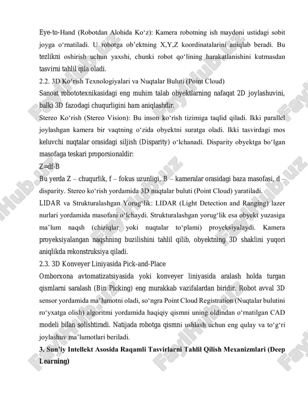 kkab sanoat tasvirlarini tahlil qilishda inson ko‘zidan ham yuqori natijalar bera boshladi. 3.1. konvolyutsion neyron tarmoqlarning (cnn) sifat nazoratida qo‘llanilishi sanoatda eng keng qo‘llaniladigan ai modeli bu cnndir. ular tasvirdan o‘z-o‘zidan kerakli xususiyatlarni ajratib olish qobiliyatiga ega. xususiyatlarni avtomatik ajratish: an’anaviy usullar (sobel, gabor) xususiyatlarni qo‘lda aniqlasa, cnn (masalan, resnet, vgg) tasvirning birinchi qatlamida qirralar, o‘rta qatlamlarda shakllar, oxirgi qatlamlarda esa murakkab, yuqori darajali nuqson xususiyatlarini avtomatik ravishda o‘rganadi. tasvir tasnifi (classification): cnn yordamida mahsulot tasviri to‘liq tahlil qilinadi va u darhol uchta toifadan biriga tasniflanadi: "yaroqli", "kichik nuqsonli", "yaroqsiz". bu ishlab chiqarish liniyasida tezkor qaror qabul qilish uchun asosdir. 3.2. tasvirni segmentlash (semantic segmentation) texnikalari sifat nazoratida nuqsonning joylashuvi va shakli, uning maydoni kabi ma’lumotlar talab qilinadi. buni ta’minlash uchun segmentlash modellaridan foydalaniladi. u-net va mask r-cnn: bu arxitekturalar nafaqat nuqson borligini, balki har bir nuqsonning piksel darajasidagi aniq chegaralarini aniqlash imkonini beradi. segmentatsiya natijasi nuqsonning yorqinlik yoki rangdagi …