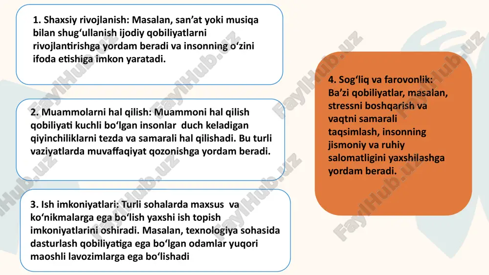 ramon boksyor tanlashi, uning barcha jangchilarning ringdagi holatini ko'rishi, janglarini kuzatishi lozim. o'zi uchun ideal sanagan qaxramonnig hayot yo'li ham iqtidorni rivojlantirish uchun motivatsiya bo'la oladi. •muhimi bularni o'rganish va amaliyotda sinash. nazariyasiz amaliyot yura olmaganidek, amaliyotsiz nazariya - bo'sh qop ekanligini unutmaslik lozim. xulosa o'rnida shuni ta'kidlab o'tish lozim-ki, har bir insonning individual psixologik hususiyatiga ko'ra yondoshish shaxs kamolotida muhim rol o'ynaydi. shaxsning qiziqish va qobiliyatini, iqtidor va iste'dodini, moyilliklarini inobatga olgan holda kelajak rejalarini tuzishiga, rivojlanishiga erishish ortidan yangi ilmiy va innovatsion g'oyalarning tug'ilishiga zamin yaratish mumkin. mazkur faoliyat davomida maqsad qo'yish va bu maqsad yo'lida strategik vazifalarni belgilab olish muhim. foydalanilagan adabiyotlar: 1. g'oziev e.g. umumiy psixologiya. toshkent. 2002.1-2 kitob 2. psychology david g. myers hope college holland, michigan 3. s.k.mangal: "general psychology" 2013y. 4. axmedova m, & narmetova y(2022). neyropedagogika va neyropsixologiya rivojlanib kelayotgan yangi fan sohasi sifatida. 5.umumiy psixologiya(f.xaydarov, n.xalilova) image9.png image1.png image2.png image3.png image4.png …