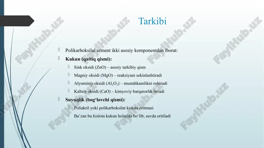 n so'ng, material oq va bo'rga aylanadi, eruvchanligi oshadi va oson eroziyalanadi. u faqat qattiqlashgandan keyin yaxshi quvvat va past eritma tezligiga ega. shuning uchun, tishlarni klinik jihatdan to'ldirgandan so'ng, qattiqlashuv jarayonida namlik bilan aloqa qilishning oldini olish uchun materialning yuzasiga himoya agenti qatlamini qo'llash kerak. umumiy shisha ionomer tsementning suvni yutish darajasi (6 oy) 5% dan 9% gacha, erish darajasi esa 0.07% dan 0,35% gacha. chang-suyuqlik tipidagi yorug'lik bilan mustahkamlovchi shisha ionomer tsement suvga botirilgandan keyin dastlabki bosqichda katta suv assimilyatsiya qilish tezligiga ega. suvni yutish darajasi 7 kun ichida 89% va 6 oyda 93% ga yetishi mumkin. yagona pasta turi yorug'lik bilan mustahkamlangan shisha ionomer tsement kichik suv assimilyatsiya qilish darajasiga ega, 6 oy ichida suvning assimilyatsiya darajasi 30% ni tashkil qiladi. shisha ionomer tsement suvni o'zlashtirgandan so'ng hajmda kengayadi, bu qattiqlash jarayonida hajmning qisqarishini qoplaydi va tiklashning chekka muhrlanishini yaxshilaydi. xulosa polikarboksilat sementlar stomatologiyada biologik xavfsizligi, kimyoviy …