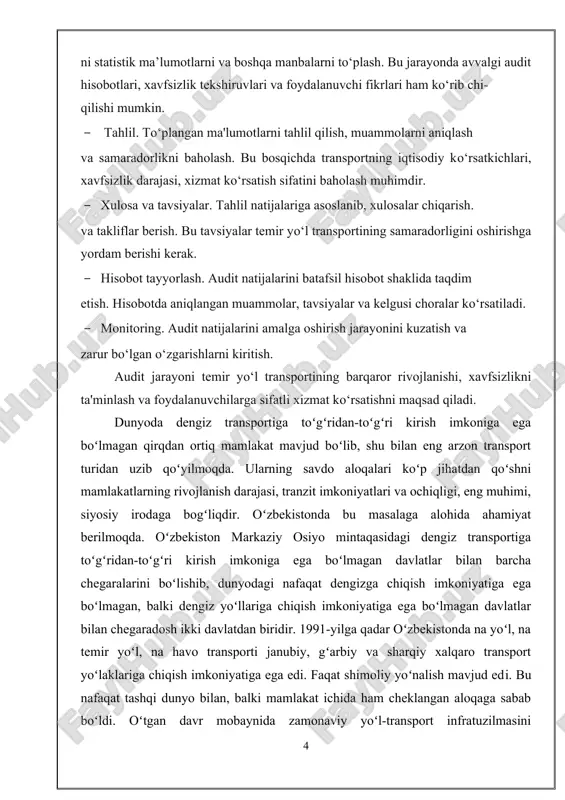 ilmasining asosiy tarkibiy qismi vazifasini oʻtaydi. temir yoʻl transport tashkilotlari yuklarni va yoʻlovchilarni tashish, ularni yoʻlda saqlash, turli yuklarni yuklash va tushirish, kerakli vagonlarni taʼminlash, ularni tozalash va poyezdga qoʻshish, umuman transport jarayonini taʼminlaydi. ushbu jarayonni umumiy boshqarish va operativ boshqarish hozirgi kunda "oʻzbekiston temir yoʻllari" aj tomonidan amalga oshirilmoqda. hozirgi kunda oʻzbekiston ulkan transport salohiyatiga ega boʻlib, mavjud yoʻnalishlarda transportning barcha turlarida yuklar va yoʻlovchilarni tashishda mamlakatning ehtiyojlarini qondirish uchun imkoniyatlarga ega. i bob. nazariy qism 1.1. audit standartlari, ularning yo'nalishi audit standartlari - bu umumiy materiallar bolib, ular auditorlarga tugallangan moliyaviy hisobotning auditini o'tkazishda ko'maklashadi. standartlarda mustaqillik va mas’uliyatlilik kabi kasbiy sifat belgilari, auditorlik xulosalari va tasdiqnomalariga qo'yiladigan talablar keltirilgan. tola boshqaruvchi materiallar qatoriga amerika xolis buxgalterlar instituti tomonidan 1947-yilda tayyorlangan o'nta umumiy qabul qilingan standartlar kiradi. umumiy standartlar : 1. tekshiruv maxsus texnik tayyorgarlik va auditorlik kiisbiy sifatiga ega shaxs yoki shaxslar tomonidan bajarilishi kerak. 2. topshiriq …