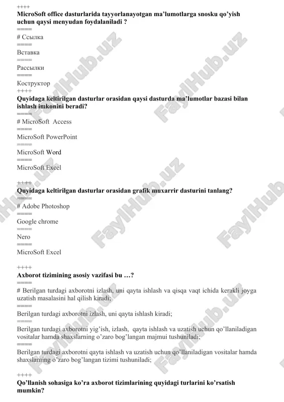 shlash va qisqa vaqt ichida kerakli joyga uzatish masalasini hal qilish kiradi; ==== bu berilgan turdagi axborotni izlash, uni qayta ishlash kiradi; ==== bu berilgan turdagi axborotni yig’ish, izlash, qayta ishlash va uzatish uchun qo’llaniladigan vositalar hamda shaxslarning o’zaro bog’langan majmui tushuniladi; ++++ avtomatlashtirilgan axborot tizimlar ta’minoti to’g’ri ko’rsatilgan javobni toping? ==== #barchasi to’g’ri; ==== uslubiy va tashkiliy, huquqiy; ==== ergonomik, texnik, matematik; ==== dasturiy, umumiy tizimli, maxsus; ++++ avtomatlashtirilgan axborot tizimlar matematik ta’minot to’g’ri ko’rsatilgan javobni toping? ==== #axborot tizimida vazifalarni hal etishda foydalaniladigan axborotlarni qayta ishlash algoritmi, modellari, matematik uslublari majmui; ==== axborot tizimida vazifalarni matematik hal etishda foydalaniladigan axborotlarni qayta ishlash algoritmi, modellari; ==== karxona yoki muassasa tizimida foydalaniladigan axborotlarni qayta ishlash algoritmi, modellari; ==== bitta tashkilot yoki muassasada axborot almashinish imkonini beradigan model. ++++ avtomatlashtirilgan axborot tizimlar dasturiy ta’minot to’g’ri ko’rsatilgan javobni toping? ==== # bu axborot tizimining maqsad va vazifalarini amalga oshirish uchun dasturlar majmui, …
