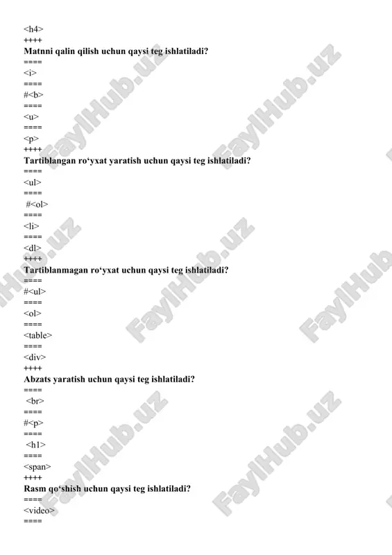 view > frames ==== file > frames ++++ dreamweaverda shablon nima uchun ishlatiladi? ==== #saytning bir xil dizaynini saqlash uchun ==== rasm tahrirlash uchun ==== video qo‘shish uchun ==== matn formatlash uchun ++++ dreamweaverda ranglarni tanlash uchun qaysi vosita ishlatiladi? ==== #color picker ==== file manager ==== code editor ==== image editor ++++ dreamweaverda giperhavola qo‘shish uchun qaysi panel ishlatiladi? ==== #properties ==== files ==== behaviors ==== code ++++ dreamweaverda kodlarni qaysi formatga konvertatsiya qilish mumkin? ==== #html, css ==== mp4 ==== jpeg ==== pdf ++++ dreamweaverda forma qo‘shish uchun qaysi menyu ishlatiladi? ==== file ==== #insert ==== edit ==== view ++++ dreamweaverda sayt dizaynini sozlash uchun qaysi vosita ishlatiladi? ==== #design view ==== code view ==== files panel ==== behaviors ++++ dreamweaverda elektron qo‘llanma yaratish uchun qaysi format ishlatiladi? ==== #html ==== mp3 ==== avi ==== png ++++ css nima uchun ishlatiladi? ==== #web-sahifalarni dizayn qilish uchun ==== ma'lumotlarni …