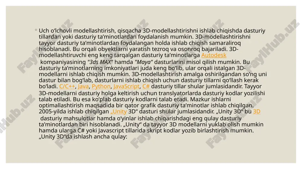 ya va rigging bilan tanishib, keyinchalik murakkab sahnalar va realistik modellar ustida ishlash darajasiga yetishishlari mumkin. 3d modellash va animatsiyani o‘rganish sabr, izlanish va ko‘p mashq qilishni talab qiladi. ammo to‘g‘ri yondashuv, yaxshi reja va amaliy ishlar yordamida bu sohaga kirib kelish va o‘z loyihalaringizni yaratish mutlaqo mumkin. e’tiboriz uchun rahmat image3.png image4.png image5.png image6.png image7.jpeg image8.png /docprops/thumbnail.jpeg