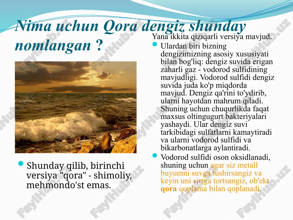 arobar ortadi) deb aniqlanadi. chuqur dengiz vodorod sulfidi 7000-8000 yil oldin o'rta er dengizining sho'r suvlari o'sha paytda qora dengiz bo'lgan qadimgi chuchuk suv ko'liga kirishga imkon bergan zilziladan keyin hosil bo'lgan. bu ko'plab chuchuk suv organizmlarining o'limiga sabab bo'ldi. ularning qoldiqlarining parchalanishi vodorod sulfidini (relikt) hosil qildi. qora dengizdagi vodorod sulfidi 1890 yilda geolog n. andrusov ekspeditsiyasi tomonidan topilgan. bundan tashqari, daryolar orqali dengizga olib kelingan organik moddalarning parchalanishi tufayli dengizda vodorod sulfidi doimiy ravishda ishlab chiqariladi. bu jarayon " evtrofikatsiya " deb ataladi. qora dengizning tabiati iqlimi yumshoq o'rta er dengizi subtropik. flora - yashil, jigarrang va qizil suv o'tlari, fitoplankton chuqur qatlamlarda faqat vodorod sulfidi bakteriyalari yashaydi. qora dengizning yuqori qatlamida juda ko'p baliq bor. qora dengiz aholisi! qora dengizda 130 ga yaqin baliq turlari yashaydi. bularga kambala, seld balig‘i, hamsi, sho‘rva, kefal, skumbriya, skumbriya kiradi. qushlar jumlasiga qagʻoqlar, qirgʻoqlar va boshqa qushlar kiradi. qora dengiz tubida …