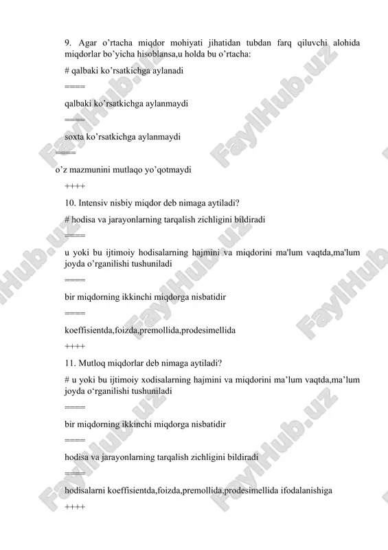 adi ==== oldindan tuzilgan va tasdiqlangan dastur hamda reja asosida amalga oshiriladi ==== guruhlash uchun asos qilib olingan belgi tushuniladi ++++ 24. ifodalanishiga ko’ra bir-biridan mazmunan farq qiladigan guruhlash belgisi ==== # atributiv deyiladi ==== alternative deyiladi ==== miqdoriy deyiladi ==== muqobil deyiladi ++++ 25. guruhlashtirishda dastlab quyidagilar aniqlanadi. ==== # guruhlash belgisi va uning oralig'i ==== yirik,o'rta va kichik guruhlar ==== miqdoriy va atributiv belgi ==== variatsiya qatorlari ++++ 26. guruhlash oralig’i deb nimaga aytiladi? ==== # eng katta va eng kichik variantlar ayirmasining guruhlar soniga nisbatdir ==== oldindan tuzilgan va tasdiqlangan dastur hamda reja asosida amalga oshirilishi tushuniladi ==== ijtimoiy hodisa va jarayonlarni eng muhim belgilari bo’yicha guruhlarga ajratish tushuniladi ==== ommaviy ijtimoiy-iqtisodiy hodisalar va jarayonlar haqidagi malumotlarni ilmiy va rejali asosda to’plash tushuniladi ++++ 27. dastlabki guruhlangan ma'lumotlarga asoslanib yangi guruhlar hosil qilish bu: ==== # ikkilamchi guruhlash ==== tuzilmaviy guruhlash ==== analitik guruhlash ==== birlamchi guruhlash …