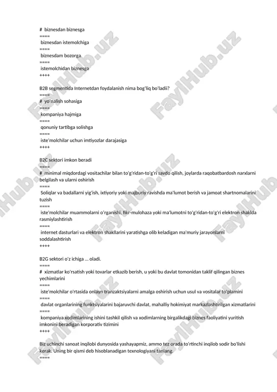 inishini o'zgartirishi, menejment tizimiga, kompaniyaning biznes modellari va strategiyalariga ijobiy ta'sir ko'rsatadi ==== barcha ishlab chiqarish boshqaruvini o'zgartiradi ==== boshqaruv jarayonini avtomatlashtirish ==== barcha jarayonlarni soddalashtirish ++++ blockchain texnologiyasi bu- ==== # bu ma'lumot yozilgan bloklarning virtual zanjiri ==== bu mayning kriptovalyutasini yaratishning asosiy texnologiyasi. ==== bitcoin va elektron pullarning ikkinchi nomi ==== ma'lumotni blokirovka qilish texnologiyasi ++++ blockchain-ga asoslangan iste'molchilar o'rtasidagi markazlashtirilmagan munosabatlardan iborat sektor? ==== # d2c ==== g2b ==== b2g ==== e2e ++++ bo'sh joyni to'ldiring! "raqamli o'zbekiston ..." dasturi ==== # 2030 ==== 2035 ==== 2021 ==== 2025 ++++ boshqaruv jarayonini raqamlashtirish – ==== # loyihaning barcha ishtirokchilarini yagona axborot makoniga birlashtirish imkonini beradi ==== boshqaruv jarayonlarini birlashtiradi ==== ishlab chiqarishni barcha jarayonlarini birlashtiradi ==== korporativ loyihalarning o'sishi ++++ c2c elektron tijorat shaklida …bilan o'zaro bog’liq ==== # iste'molchi - iste'molchi ==== korxona – korxona ==== iste'molchi –ishlab chiqaruvchi ==== korxona - iste'molchi ++++ chat bot …