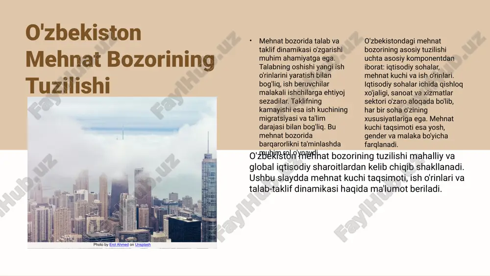 va boshqa sohalarga bo'lingan. har bir soha o'ziga xos talab va taklifga ega. o'zbekiston mehnat bozorining tuzilishi o'zbekiston mehnat bozori sektoral taqsimotga asoslanadi: qishloq xo'jaligi, sanoat va xizmatlar. har bir sektor o'ziga xos rol o'ynaydi va iqtisodiy o'sishga ta'sir qiladi. qishloq xo'jaligi kamida 25% ishchi kuchini ta'minlaydi, sanoat esa ishlab chiqarish jarayonlarini rivojlantiradi. xizmatlar sektori esa tez o'smoqda. xizmatlar sektori o'zbekistonda muhim o'rin tutadi. u iqtisodiy o'sishga hissa qo'shib, yangi ish o'rinlari yaratadi. xizmatlar sektori o'zaro bog'liq bo'lib, boshqa sektorlar bilan hamkorlikda ishlaydi, bu esa mehnat bozorini yanada diversifikatsiya qiladi. ta'lim va kasbiy tayyorgarlik mehnat bozorida muhim rol o'ynaydi. o'zbekistonda ta'lim tizimi zamonaviylashtirilmoqda, bu esa yoshlarni malakali ishchilarga aylantirishga yordam beradi. kasbiy tayyorgarlik dasturlari ishchilarni talabga moslashtiradi. mehnat bozori tuzilishi iqtisodiy rivojlanishga ta'sir qiladi. iqtisodiyotning diversifikatsiyasi ish o'rinlarini ko'paytiradi va mehnat resurslarining samarali taqsimlanishiga yordam beradi. bu esa o'zbekistonda ijtimoiy-iqtisodiy barqarorlikni ta'minlaydi. ishsizlik masalalari oʻzbekistonda ishsizlik darajasi oxirgi yillarda o'zgarib …