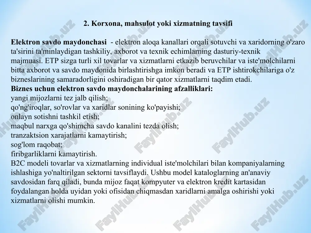 lashtirish vositalaridan foydalanib, saytingizni qidiruv tarmog'ining yuqori qismiga olib chiqing, bu erda sizni iste'molchilar allaqachon topishi mumkin. ta'minlovchilar va xaridorlarni jalb qilish jarayoni, shuningdek, elektron savdo maydonchasini eng yuqori darajaga ko'tarish bo'yicha ishlar doimiy ravishda amalga oshiriladi. aynan mana shu harakatlar loyihangizning asosiy daromadiga olib keladi. 5. ishlab chiqarish rejasi loyihaning maqsadi universal elektron tijorat vositasini yaratish, elektron savdo maydonchasi tomonidan taklif etilayotgan xizmatlar doirasini kengaytirish va mijozlar bazasini ko'paytirish orqali daromadlarni ko'paytirishdir. kerakli hujjatlarni ro'yxatdan o'tkazish. tashkilotni ro'yxatdan o'tkazish: mchj. soliq xizmatida ro'yxatdan o'tish. soliq tizimini tanlash: sts (daromad). okved tanlovi: 72.40 ma'lumotlar bazalari va axborot resurslarini yaratish va ulardan foydalanish bo'yicha faoliyat. bankda hisobraqam ochish. etpni ishlab chiqish. raqobatbardosh platformani yaratish uchun buni allaqachon amalga oshirgan tashkilot bilan bog'lanishingizni maslahat beramiz. bunday kompaniyaning bosh ofisida allaqachon professional dasturchilar, dizaynerlar va marketologlar mavjud. etp yaratish quyidagilarni o'z ichiga oladi: standart modullarni ulash shaxsiy funktsiyalarni qo'shish noyob dizaynni ishlab chiqish …