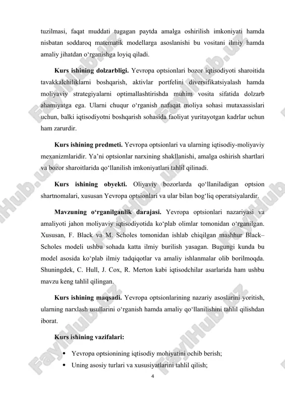 ordam beradi.[footnoteref:2] [2: bodie, z., kane, a., & marcus, a. j. (2018). investments (11th ed.). new york: mcgraw-hill education, 432-bet.] optsionlar, shuningdek, ularning amalga oshirilish vaqtiga qarab ham tasniflanadi. eng keng tarqalgan ikki turi bu: yevropa optsionlari — faqat muddati tugaydigan sanada amalga oshiriladi. amerika optsionlari — muddati tugashidan istalgan vaqtda amalga oshirilishi mumkin. optsionlar moliyaviy bozorda muhim rol o‘ynaydi. birinchidan, ular yordamida tavakkalchilikni boshqarish (hedging) mumkin, ya’ni investor o‘z portfelidagi yo‘qotishlarni chegaralab, bozor o‘zgarishlaridan himoyalanishi mumkin. ikkinchidan, optsionlar investitsion daromadni oshirish imkonini beradi, chunki ular kam xarajat bilan katta daromad olish imkoniyatini taqdim etadi. uchinchidan, optsionlar bozor ishtirokchilarining kutishlari va qarashlarini ifodalovchi vosita sifatida ham xizmat qiladi, chunki ularning narxi bozor ishtirokchilarining kelajakdagi narxlar haqidagi fikrlarini aks ettiradi. xulosa qilib aytganda, optsionlar zamonaviy moliyaviy bozorlarda asosiy instrumentlardan biri hisoblanadi. ular tavakkalchilikni boshqarish, sarmoyalarni diversifikatsiya qilish va bozordagi harakatlardan foyda olish uchun keng ko‘lamli imkoniyatlar yaratadi. optsionlar — bu zamonaviy …