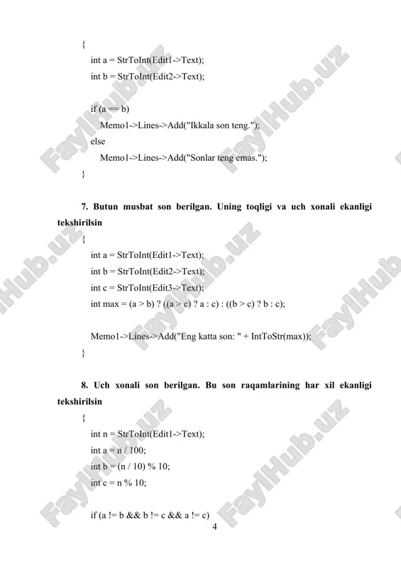 ."); else memo1->lines->add("uchburchak to‘g‘ri burchakli emas."); } laboratoriya ishi-4 for sikl operatoriga oid masalalar 1. k va n butun sonlari berilgan. k sonini n marta ekranga chiqaruvchi dastur tuzilsin. 2. 1 kg konfet narxi berilgan (haqiqiy son). 1, 2, …, 10 kg konfet narxlarini ekranga chiqaruvchi dastur tuzilsin. 3. 1 kg konfet narxi berilgan (haqiqiy son). 0.1, 0.2, …, 1 kg konfet narxlarini ekranga chiqaruvchi dastur tuzilsin. 4. 1 kg konfet narxi berilgan (haqiqiy son). 1.1, 1.2, …, 2 kg konfet narxlarini ekranga chiqaruvchi dastur tuzilsin. 5. n butun soni berilgan. quyidagi yig’indini hisoblovchi dastur tuzilsin: 6. s = 1 + 1/2 + 1/3 + .. 1/n. 7. n butun soni berilgan. quyidagi ko’paytmani hisoblovchi dastur tuzilsin: 8. s = 1.1 * 1.2 * 1.3 * … (n ta ko’paytuvchi) 9. n butun soni berilgan. quyidagi yi’gindini hisoblovchi dastur tuzilsin: 10. s = 1.1 - 1.2 + 1.3 - …