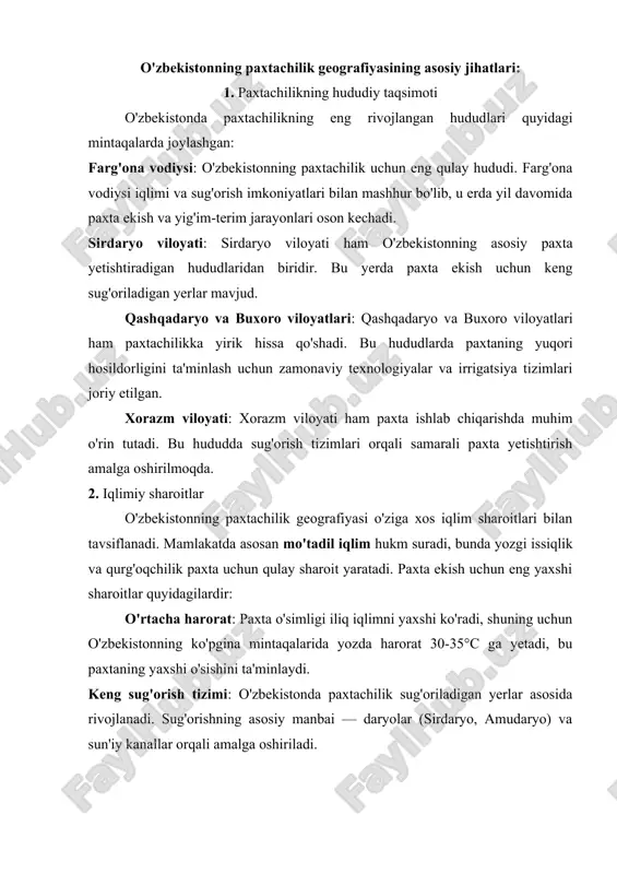flanishiga olib keladi. yerning sifatini yomonlashishi: paxta yetishtirish jarayonida yerning unumdorligi kamayishi mumkin. uzluksiz paxta ekish tuproqning unumdorligini yomonlashtiradi. iqlim o'zgarishi: o'zbekistonda paxtachilikning barqarorligini saqlab qolish uchun iqlim o'zgarishining salbiy ta'sirlariga qarshi kurashish zarur. dehqonchilik o`zbekiston qishloq xo`jaligining yetakchi tarmog`i bo`lib unda qishloq xo`jaligi yalpi mahsulotining 65-70 foizi yaratiladi. mamlakatimiz tabiiy sharoitining o`ziga xosligi shundaki, uning turli hudud va mintaqalarida sug`orma va lalmikor dehqonchilik bilan shug`ullanish imkoniyatining mavjudligidir. adir zonalarida lalmikor dehqonchilik (bug`doy, arpa, no`xat, kunjut, zig`ir, ozuqabop ekinlar, bog`dorchilik) qilinadi. sug`orma dehqonchilikda lalmikor dehqonchilikka nisbatan 3-5 marta ko`proq hosil olinadi va yerdan samarali foydalanishni ta`minlaydi. respublikamizda dehqonchilik yalpi mahsulotining 98,5 foizini sug`orma dehqonchilikdan olinadi. sug`oriladigan yerlarga asosan texnika ekinlari (paxta, kanop, tamaki qand lavlagi), don ekinlari (bug`doy, sholi, makkajo`xori, dukkakli don ekinlari), sabzavot, kartoshka, poliz ekinlari, uzum va meva yetishtiriladi. o`zbekistonda sug`oriladigan yerlar maydoni xx asr davomida muntazam oshib kelgan. agar 1914 yilda sug`oriladigan yerlar respublikamizda 1,8 mln. gektarni …