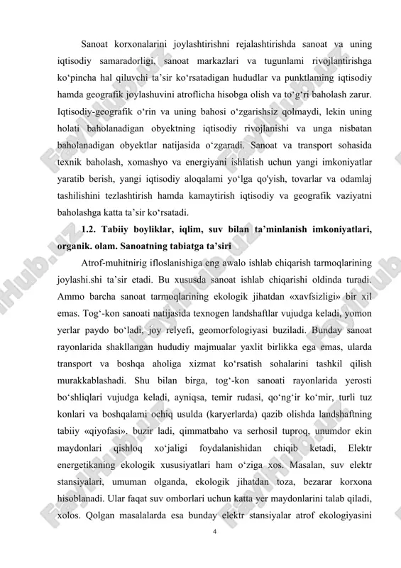 uv elektr stansiyalari, umuman olganda, ekologik jihatdan toza, bezarar korxona hisoblanadi. ular faqat suv omborlari uchun katta yer maydonlarini talab qiladi, xolos. qolgan masalalarda esa bunday elektr stansiyalar atrof ekologiyasini yaxshilaydi. ayni vaqtda issiqlik elektr stansiyalarining ekologik oqibatlari ancha salbiy. xususan, shahar ichkarisidagi ieslar, yirik shaharlar yaqinida joylashgan ieslar atrofga yomon ta’sir qiladi - zaharli gazsimon tutunlar atmosfera havosini ifloslantiradi, yonilg’i yondirilgandan qolgan chiqindi kullar esa suii*iy tepaliklami hosil qiladi. shuning uchun katta quwatga ega bo‘lgan issiqlik elektr stansiyalari joyning relyefi, shamol yo‘nalishi va boshqa meteorologik omillami hisobga olgan holda qurilishi kerak. tadqiqotlarga ko‘ra, respublikamizdagi yirik sirdaryo, yangi angren kabi ies asosida vujudga kelgan sanoat majmualarining havosi va suv tarkibi o‘zgargan, tuproq qatlami, ekin maydonlari va hayvonot dunyosi ancha zarar ko‘rgan. qora va rangli metallurgiya ham ekologik nuqtai nazardan «toza» emas. yirik qora metallurgiya korxonalari atrofida katta miqdorda shlaklar hosil bo‘ladi (domna pechining chiqindisi), shahar havosi va suvi ifloslanadi. ayniqsa, …