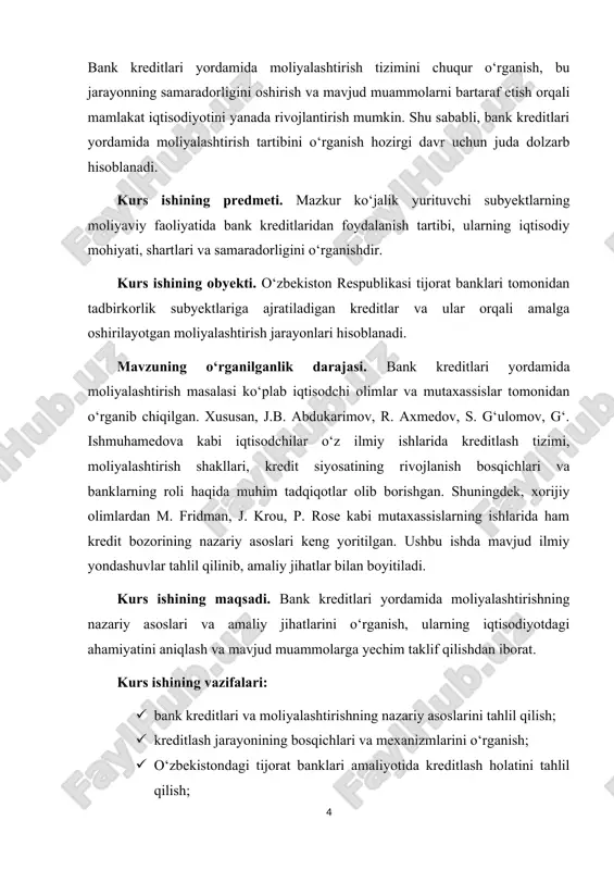 sosida qondiriladi.[footnoteref:1] [1: abdurahmonov q.x. bank ishi asoslari. – toshkent: “iqtisod-moliya”, 2020. – 276 b. – 45-bet.] bank kreditlarining bir nechta turlari mavjud bo‘lib, ular o‘zlarining maqsadi, muddati, ta’minoti va qaytarish shartlariga ko‘ra farqlanadi. kreditlar avvalo muddatiga ko‘ra quyidagi turlarga bo‘linadi: qisqa muddatli (odatda 1 yilgacha), o‘rta muddatli (1 yildan 3 yilgacha) va uzoq muddatli (3 yildan ortiq). maqsadiga ko‘ra esa ishlab chiqarish (ishlab chiqarishni moliyalashtirish), iste’mol (shaxsiy ehtiyojlar uchun) va investitsion (loyihalarni amalga oshirish uchun) kreditlar mavjud. ta’minoti bo‘yicha kreditlar ta’minlangan (garov, kafillik, sug‘urta bilan ta'minlangan) va ta’minlanmagan kreditlarga bo‘linadi. shuningdek, bank kreditlari qaytarish shakliga ko‘ra ham farqlanadi: annuitet to‘lovli (har oy bir xil miqdorda to‘lanadi), differensial (asosiy qarz va foizlar alohida hisoblanadi) hamda yakuniy to‘lovli (muddat oxirida to‘liq qaytariladi). zamonaviy bank tizimida shuningdek, overdraft, lombard, ipoteka, avtomobil krediti, mikrokredit va iste’mol kreditlari kabi turlar keng qo‘llaniladi. shu tarzda, bank kreditlari iqtisodiyotda pul mablag‘larining oqimini tartibga soladi, ishlab chiqarish …