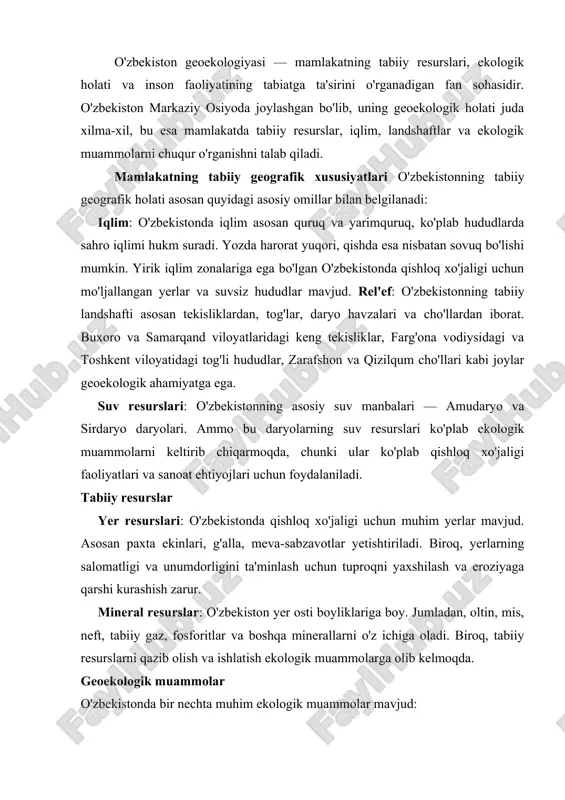 at tarmoqlarining rivojlanishi bilan sanoat chiqindilari va kimyoviy ifloslanish holatlari jiddiy muammo bo'lib qolmoqda. ayniqsa, hududlarda havo va suvning ifloslanishi ekologik balansni buzmoqda. cho'llash va eroziya: o'zbekistonning ko'plab hududlari cho'llash va tuproq eroziyasi muammolariga duch kelmoqda. bu jarayonlar yer unumdorligini kamaytiradi va agrar sektorga zarar yetkazadi. qoraqum va kyzylqum cho'llaridagi suv taqsimoti: cho'llarning quruq va kislotali bo'lishi, sug'orish tizimlarining noto'g'ri boshqarilishi o'zgarishlarga olib kelmoqda va bu muammo uzoq vaqt davomida yechim talab qiladi. ekologik barqarorlikni ta'minlash o'zbekistonda ekologik barqarorlikni ta'minlash uchun bir qator chora-tadbirlar amalga oshirilmoqda: yashil energiya: yelka energiyasi, quyosh energiyasi kabi qayta tiklanadigan energiya manbalariga e'tibor qaratilmoqda. bu soha ekologik zararlarni kamaytirish va energiya resurslarini tejashda muhim o'rin tutadi. tabiatni muhofaza qilish: milliy bog'lar va tabiiy xoslanish hududlari yaratish orqali o'zbekistonda biologik xilma-xillikni saqlab qolish va tabiatni muhofaza qilish borasida ishlar olib borilmoqda. suqorish texnologiyalari: suvni tejash va qishloq xo'jaligida samarali sug'orish tizimlarini joriy etish muhim ahamiyatga ega. …