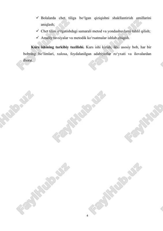 klar, qo‘shiqlar, multfilmlar va interaktiv o‘yinlar orqali chet tili so‘zlarini tez va oson o‘zlashtirish mumkin.[footnoteref:1] [1: babaytseva, v.v. (2010). infinitiv. o‘quv qo‘llanma. 45-bet.] bundan tashqari, har bir bolaning individual o‘zlashtirish qobiliyatiga qarab metod tanlash muhim ahamiyatga ega. kimdir ko‘proq eshitish orqali o‘rganadi, boshqasi esa ko‘rish yoki harakat qilish orqali ma’lumotni yaxshi qabul qiladi. shu sababli til o‘rganish usullarini differensial yondashuv asosida tashkil etish lozim. maktabgacha yoshda bolaning tilga bo‘lgan qiziqishi ko‘proq o‘yinlar orqali uyg‘onadi. masalan, "so‘zni top", "kim tez aytadi?", "rangni ayt", "nimani eshitding?" kabi o‘yinlar orqali chet tilidagi so‘zlarni mustahkamlash mumkin. shuningdek, bu yoshdagi bolalar ko‘pincha taqlid orqali o‘rganadilar. tarbiyachining to‘g‘ri talaffuzi, emotsional ohangi va tana harakatlari bolaga katta ta’sir ko‘rsatadi. agar bola tarbiyachini yoki ota-onani yaxshi eshitib va ko‘rib, ular kabi so‘zlasa, bu uning ko‘nikmasini rivojlantiradi. shu bilan birga, bolalarning nutqiy faolligini oshirish uchun doimiy rag‘batlantirish, maqtov va ishonch muhimdir. til o‘rganishdagi muhim bosqichlardan yana biri — takrorlash. …