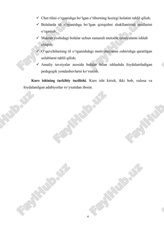 , eshitish va takrorlash orqali shakllanadi. ular so‘zlarni eshitib, ularni intuitsiyaviy tarzda yodlaydilar, keyinchalik esa bu so‘zlarni o‘z nutqida qo‘llashga harakat qiladilar. bu holatda o‘qituvchi yoki tarbiyachining roli beqiyosdir, chunki aynan u bolaning til o‘rganishga bo‘lgan qiziqishini uyg‘otadi va unga motivatsiya beradi. shuningdek, bolalarning diqqatini jalb qilish, materialni soddalashtirib berish va uni qiziqarli shakllarda taqdim etish katta ahamiyatga ega. til o‘rganishda bolalar ko‘proq vizual va kinestetik uslublarni afzal ko‘rishadi. ular uchun rangli kartochkalar, animatsiyalar, multfilmlar, qo‘shiqlar, she’rlar va ertaklar juda samarali vosita bo‘lib xizmat qiladi. bu materiallar nafaqat lug‘at boyligini oshiradi, balki bola eshitgan so‘zini real voqelik bilan bog‘lashni o‘rganadi. masalan, “apple” so‘zini aytganda bola darrov olma rasmini ko‘radi yoki uni ushlab ko‘radi – bu esa so‘z eslab qolish jarayonini tezlashtiradi. shuningdek, o‘yin texnologiyalari ham til o‘rganishda muhim o‘rin tutadi. “memory” o‘yini, “find the picture” kabi topshiriqlar, rolli o‘yinlar (masalan, “shop”, “doctor”, “family” kabi ssenariylar asosida) bolalarda til ko‘nikmalarini rivojlantiradi …
