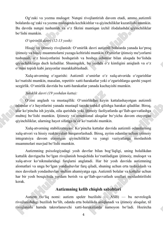 q-atvorning o‘zgarishi: autizmli o‘smirlar o‘z xulq-atvorida o‘zgarishlar ko‘rsatishi mumkin, masalan, repetitiv xatti-harakatlar yoki o‘zgarishlarga qarshi yuqori sezgirlik. o‘smirlik davrida bu xatti-harakatlar yanada kuchayishi mumkin. yutuklik davri (19 yoshdan katta): o‘zini anglash va mustaqillik: o‘smirlikdan keyin kattalashayotgan autizmli odamlar o‘z hayotlarini yanada mustaqil tarzda tashkil qilishga harakat qiladilar. biroq, ular ko‘pincha ish joyida, oila qurishda yoki ijtimoiy faoliyatlarda qo‘llab-quvvatlashga muhtoj bo‘lishi mumkin. ijtimoiy va emotsional aloqalar bo‘yicha davom etayotgan qiyinchiliklar, ularning hayot sifatiga ta'sir ko‘rsatishi mumkin. xulq-atvorning stabilizatsiyasi: ko‘pincha kattalar davrida autizmli odamlarning xulq-atvori va hissiy reaktsiyalari barqarorlashadi. biroq, ayrim odamlar uchun ijtimoiy integratsiya davom etayotgan qiyinchiliklar va yangi vaziyatlarga moslashish muammolari mavjud bo‘lishi mumkin. autizmning psixologiyadagi yosh davrlar bilan bog‘liqligi, uning bolalikdan kattalik davrigacha bo‘lgan rivojlanish bosqichida ko‘rsatiladigan ijtimoiy, muloqot va xulq-atvor ko‘nikmalaridagi farqlarni anglatadi. har bir yosh davrida autizmning alomatlari va unga bo‘lgan yondashuvlar farq qiladi, shuning uchun erta tashxislash va mos davolash yondashuvlari muhim ahamiyatga ega. autizmli bolalar …