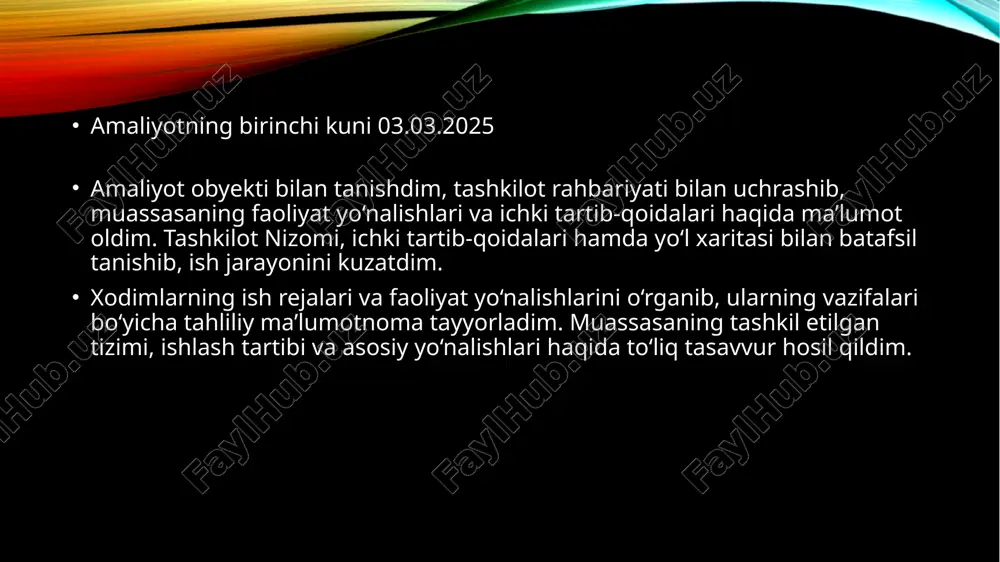 ni bildirdi. amaliyotning o’ninchi kuni 14.03.2025 o‘quvchilarning ta’limga bo‘lgan qiziqishini oshirish maqsadida motivatsion trening mashg‘ulotini o‘tkazdim. mashg‘ulot davomida o‘quvchilar bilan maqsad qo‘yish, o‘z ustida ishlash va muvaffaqiyat sari intilish mavzularida suhbat olib bordik. turli interaktiv metodlar yordamida ularning ichki motivatsiyasini oshirishga harakat qildim. trening yakunida o‘quvchilar o‘z kelajagi haqida fikr yuritib, maqsadlarini belgilashdi. amaliyotning o’n birinchi kuni 15.03.2025 o‘qituvchilar (xodimlar) bilan “stressga chidamliman” mavzusida trening mashg‘ulotini o‘tkazdim. trening davomida ishtirokchilarga stress tushunchasi, uning sabablari va inson salomatligiga ta’siri haqida ma’lumot berildi. interaktiv mashqlar, psixologik testlar va amaliy topshiriqlar orqali o‘qituvchilarning stress darajasi baholandi va stressga bardosh berish ko‘nikmalarini rivojlantirish bo‘yicha tavsiyalar berildi. trening jarayonida relaksatsion texnikalar, chuqur nafas olish mashqlari va stressni kamaytirish bo‘yicha samarali usullar o‘rgatildi. amaliyotning o’n ikkinchi kuni 17.03.2025 “kasb ustalari” mavzusida trening mashg‘ulotini o‘tkazdim. ishtirokchilar bilan kasbiy mahorat va muvaffaqiyatga erishish yo‘llari haqida suhbatlashdik. trening davomida kasbiy rivojlanishning muhim jihatlari muhokama qilindi, ishtirokchilar o‘z kuchli va …