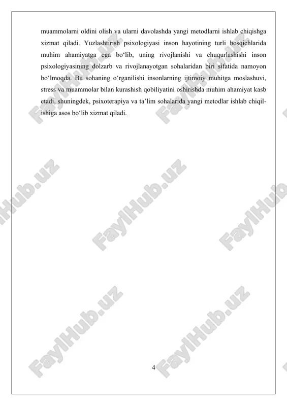 iyasining chuqurroq tushunilishiga xizmat qiladi. bu soha rivojlanishda davom etar ekan, insonlarning muhitga moslashuvi, stress va muammolarga qarshi kurashish qobiliyatlari hamda shaxsiy rivojlanish uchun muhim asoslar yaratadi. ii. yuzlashtirish jarayonining amaliy qo'llanilishi va muammolari yuzlashtirish jarayoni inson psixologiyasining muhim va keng qamrovli yo’nalishlaridan biri bo’lib, u shaxsning muhitga moslashishi, yangi sharoitlarga o’zini tezda moslashtirish va o’z xulq-atvorini muhit sharoitlariga muvofiqlashtirish jarayonini o’rganadi. yuzlashtirish psixologiyasining amaliy qo’llanilishi juda keng va turli sohalarda, jumladan, ta’lim, psixoterapiya, ijtimoiy muhit va xavfsizlik sohalarida muhim rol o’ynaydi. ushbu jarayon insonning kundalik hayotida muvaffaqiyatga erishish uchun asosiy omil bo’lib, uning psixologik barqarorligini ta’minlashda muhim ahamiyatga ega. yuzlashtirish jarayonining amaliy qo’llanilishi bilan bog’liq asosiy muammolar uning individual farqlar bilan bog’liq bo’lishidir. har bir inson muhitga moslashish jarayonida o’ziga xos strategiyalar va usullarni qo’llaydi, bu esa yuzlashtirishning muvaffaqiyati yoki muvaffaqiyatsizligi uchun muhim omil hisoblanadi. masalan, ba’zi insonlar muhitga moslashish uchun aktiv va ijobiy yondashuvlarni tanlaydi, boshqalar esa ehtiyotkorlik …
