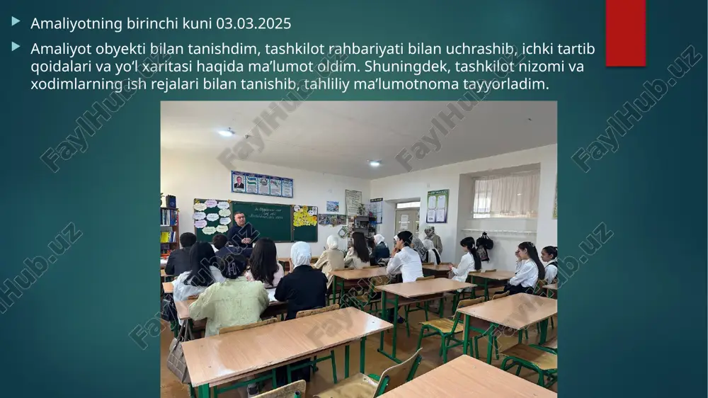arini tahlil qilishdi. treningda o‘quvchilar o‘zlari xohlagan kasb ustasi sifatida qanday ishlashni tasavvur qilib, o‘zlarining kelajakdagi kasblari haqida ma'lumotlar olishdi. bu mashg‘ulot o‘quvchilarga kasb tanlashda o‘z yo‘llarini belgilash, kasbga bo‘lgan qiziqishlarini rivojlantirish va kelajakdagi mehnat faoliyatlarini rejalashtirishda yordam berdi. amaliyotning o’ninchi kuni 14.03.2025 bugun 11-sinf o‘quvchilari va ularning ota-onalariga ta’limning keyingi bosqichlarida o‘qishni davom ettirish va tanlagan kasb bo‘yicha kasb-hunarga tayyorlash markazlarida kasb o‘rganish uchun tavsiyalar berish va yo‘naltirish ishlari o‘tkazildi. o‘quvchilarga kelajakdagi kasblari bo‘yicha to‘g‘ri tanlov qilish, kasb-hunar markazlarida o‘rganish uchun kerakli ma'lumotlarni olish va ularga mos yo‘nalishlarni tanlashda yordam berildi. shuningdek, ishlab chiqarish sohasi va zamonaviy kasblar haqida ma'lumot berilib, "kasbiy bilim va maslahat oyligi" doirasida kasbiy bilimlar va maslahatlar taqdim etildi. bu tadbir o‘quvchilarning kelajakdagi kasbiy yo‘nalishlarini to‘g‘ri belgilash, o‘zlarini qiziqtirgan sohalarda bilim olishga tayyorlashga yordam berdi. ota-onalarga esa farzandlarining kasbiy yo‘nalishlarini tanlashda qo‘llab-quvvatlash va yo‘l-yo‘riq ko‘rsatish bo‘yicha tavsiyalar berildi. amaliyotning o’n birinchi kuni 15.03.2025 o‘quvchilar bilan …