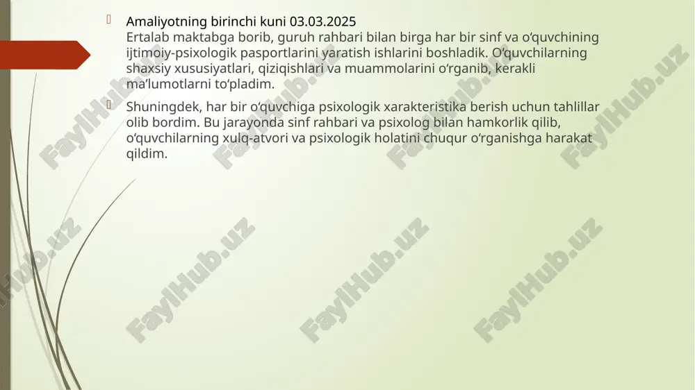 . amaliyotning to’qqizinchi kuni 13.03.2025 bugun maktabga borib, 7-8-sinf o‘quvchilari bilan "mening kelajakdagi kasbim" mavzusida trening mashg‘uloti o‘tkazdim.dastlab, o‘quvchilarga kasb tanlashning muhimligi, shaxsiy qiziqish va iste’dodlarni inobatga olish kerakligi haqida tushuncha berildi. so‘ng, ular o‘zlari orzu qilgan kasblarni yozib, guruhda muhokama qilishdi.mashg‘ulot davomida kasb tanlashga ta’sir qiluvchi omillar, kelajakda talab yuqori bo‘ladigan mutaxassisliklar haqida ma’lumot berildi. o‘quvchilar o‘zlariga mos keladigan kasblarni aniqlash uchun psixologik test ham bajardilar.yakunda ularga kelajakdagi kasblarini tanlashda yo‘l-yo‘riq ko‘rsatadigan tavsiyalar berildi. mashg‘ulot qiziqarli va foydali o‘tdi. amaliyotning o’ninchi kuni 14.03.2025 bugun maktabga borib, "zo‘ravonlik va kamsitishlarsiz sog‘lom shaxslararo munosabatlarni rivojlantirish" mavzusida suhbat o‘tkazdim.dastlab, o‘quvchilarga mehribonlik, hurmat va empatiya tushunchalari haqida tushuntirib berdim. so‘ng, ular bilan "mehribon bo‘lishni o‘rganing" mavzusida bahs-munozara tashkil qildik. o‘quvchilar hayotiy misollar asosida insonlarga mehribon bo‘lishning ahamiyati va uning jamiyatdagi o‘rni haqida fikr bildirishdi.shuningdek, empatiya darajasini aniqlash bo‘yicha psixologik test o‘tkazildi va natijalar tahlil qilindi. mashg‘ulot davomida o‘quvchilar o‘zaro hamjihatlik va tushunish muhimligi …