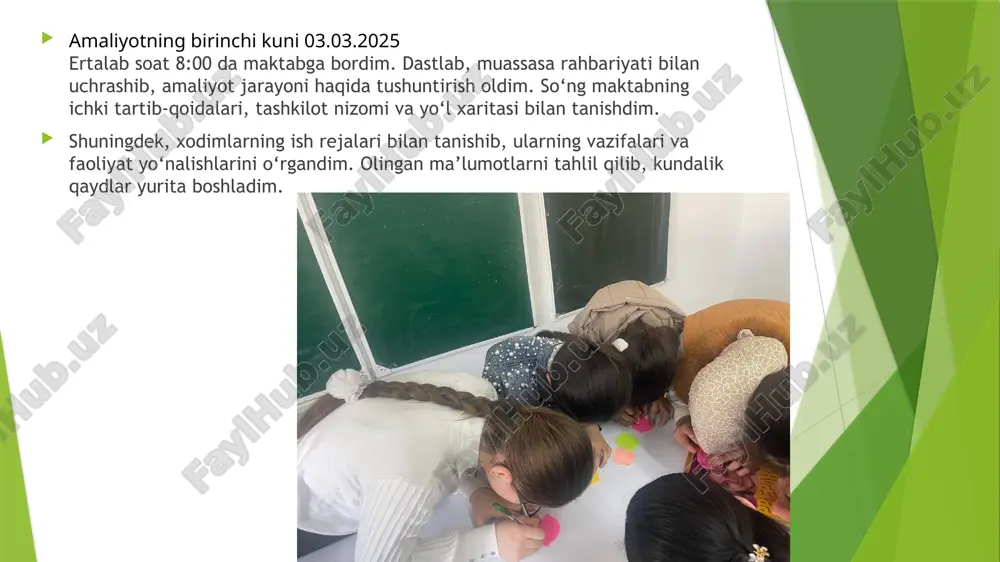 amiyatdagi o‘rni va vazifalari tushuntirildi. ular psixologning qanday yo‘nalishlarda ishlashi, inson ruhiyati bilan bog‘liq muammolarni hal etishdagi roli haqida qiziqib savollar berishdi. suhbat ochiq va samimiy ruhda o‘tdi. amaliyotning o’ninchi kuni 14.03.2025 ertalab soat 8:00 da maktabga bordim. bugungi asosiy vazifa “qiziqishlar xaritasi” psixologik-pedagogik diagnostikasini o‘tkazish edi. o‘quvchilarning kasb-hunarga bo‘lgan qiziqishlari va moyilliklari aniqlanib, natijalar asosida shaxsiy qiziqishlar xaritasi tuzildi. har bir o‘quvchining yo‘nalishlarini hisobga olib, kasblar bo‘yicha tavsiyalar berildi. shu bilan birga, ma’lumotlar bazasi shakllantirilib, o‘quvchilarning kelajak kasb tanloviga yo‘naltirishga yordam beradigan ma’lumotlar tizimlashtirildi. mashg‘ulot davomida o‘quvchilar faol qatnashib, o‘z qiziqishlari haqida fikr bildirishdi. amaliyotning o’n birinchi kuni 15.03.2025 ertalab soat 8:00 da maktabga bordim. bugungi kun muammoli o‘quvchilar bilan ishlashga bag‘ishlandi.dastlab, “men o‘zim” dasturining 1-mashg‘uloti – “men o‘zim” va 2-mashg‘uloti – “orzu va maqsad” mavzularida videotrening namoyish qilindi. o‘quvchilar bilan ushbu mavzular yuzasidan suhbat o‘tkazilib, ularning o‘ziga bo‘lgan munosabati, orzu va maqsadlari muhokama qilindi.shuningdek, liri-sobchik testi o‘tkazilib, har …